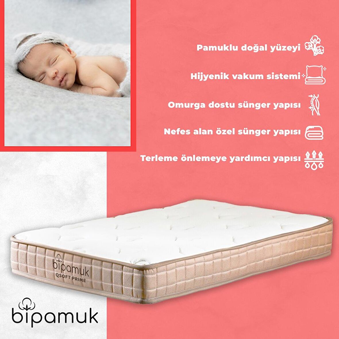 Bipamuk QSOFT PRİME Bebek Yatağı Ve Çocuk Yatağı Ortopedik 70x110 Premium Beşik Yatak