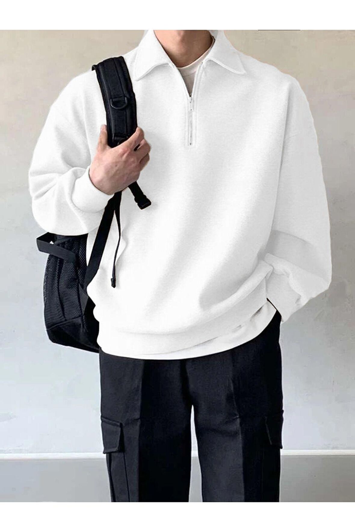 Erkek Polo Yaka Oversize Sweatshirt Yarım Fermuar Sweatshirt 