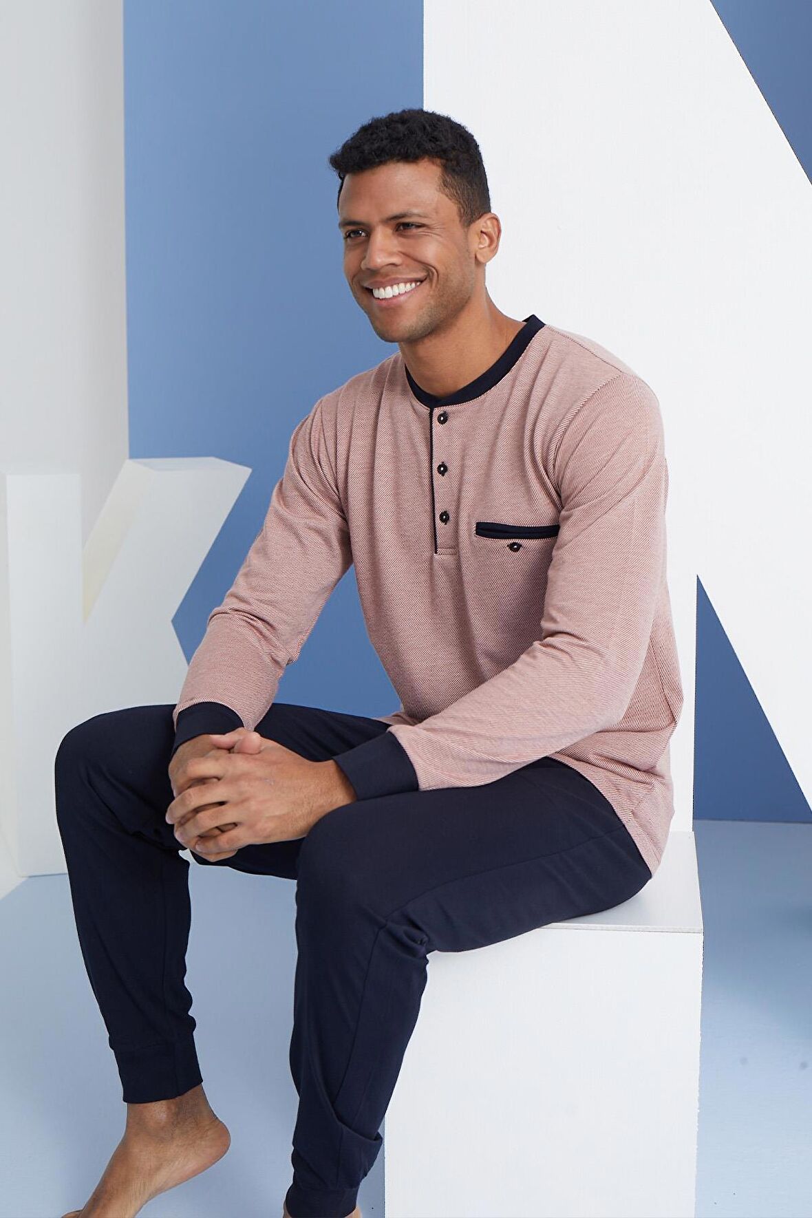 Erkek Uzun Kol Düğmeli Yaka Mevsimlik %100 Pamuk Kiremit Pijama Takımı C9T2N6O1