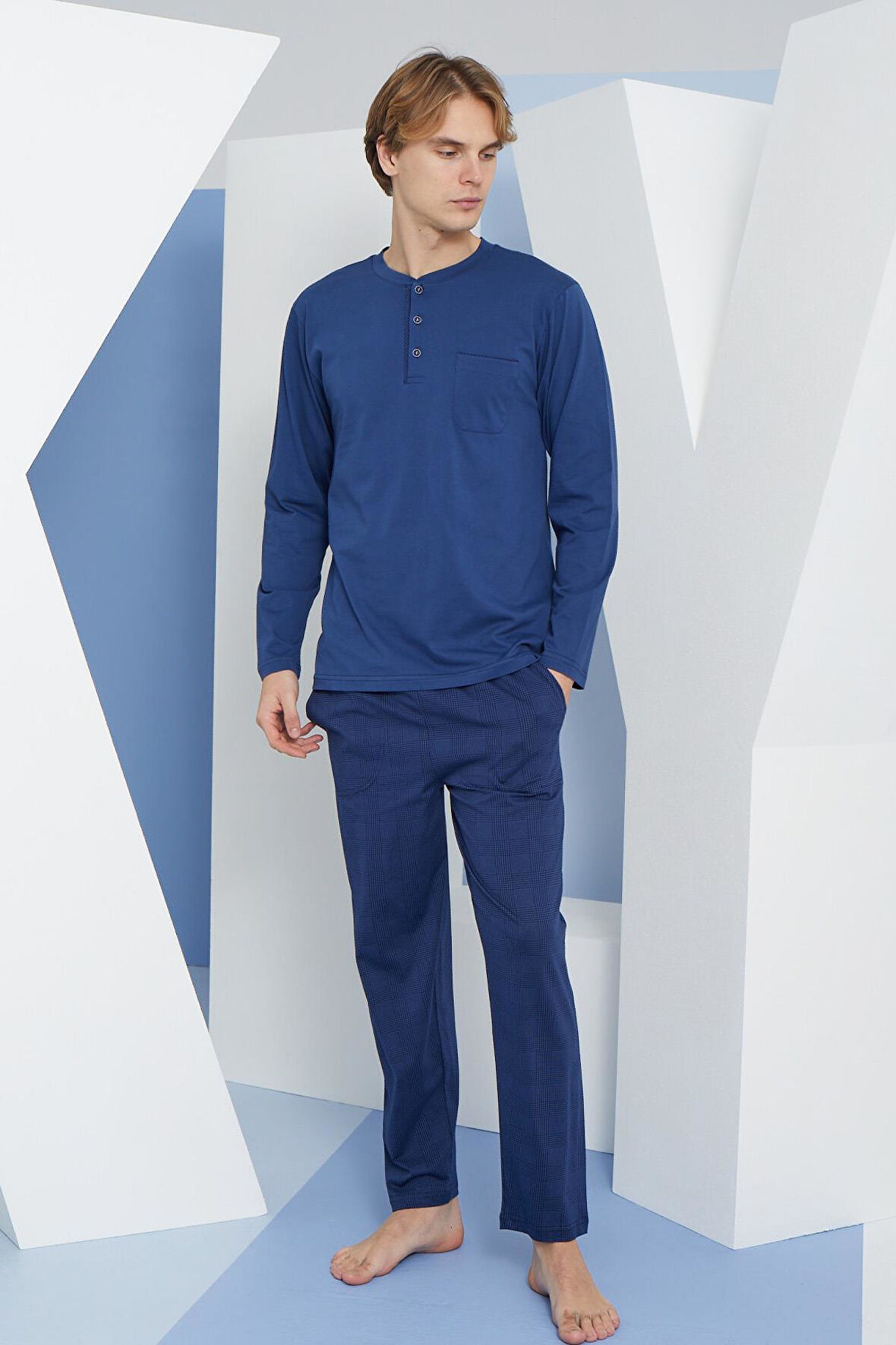 Erkek Uzun Kol Midi Yaka İndigo Pijama Takımı C9T2N5O8