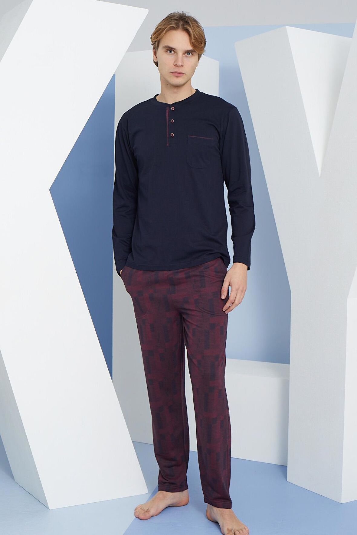 Erkek Uzun Kol Midi Yaka Lacivert Pijama Takımı C9T2N5O6