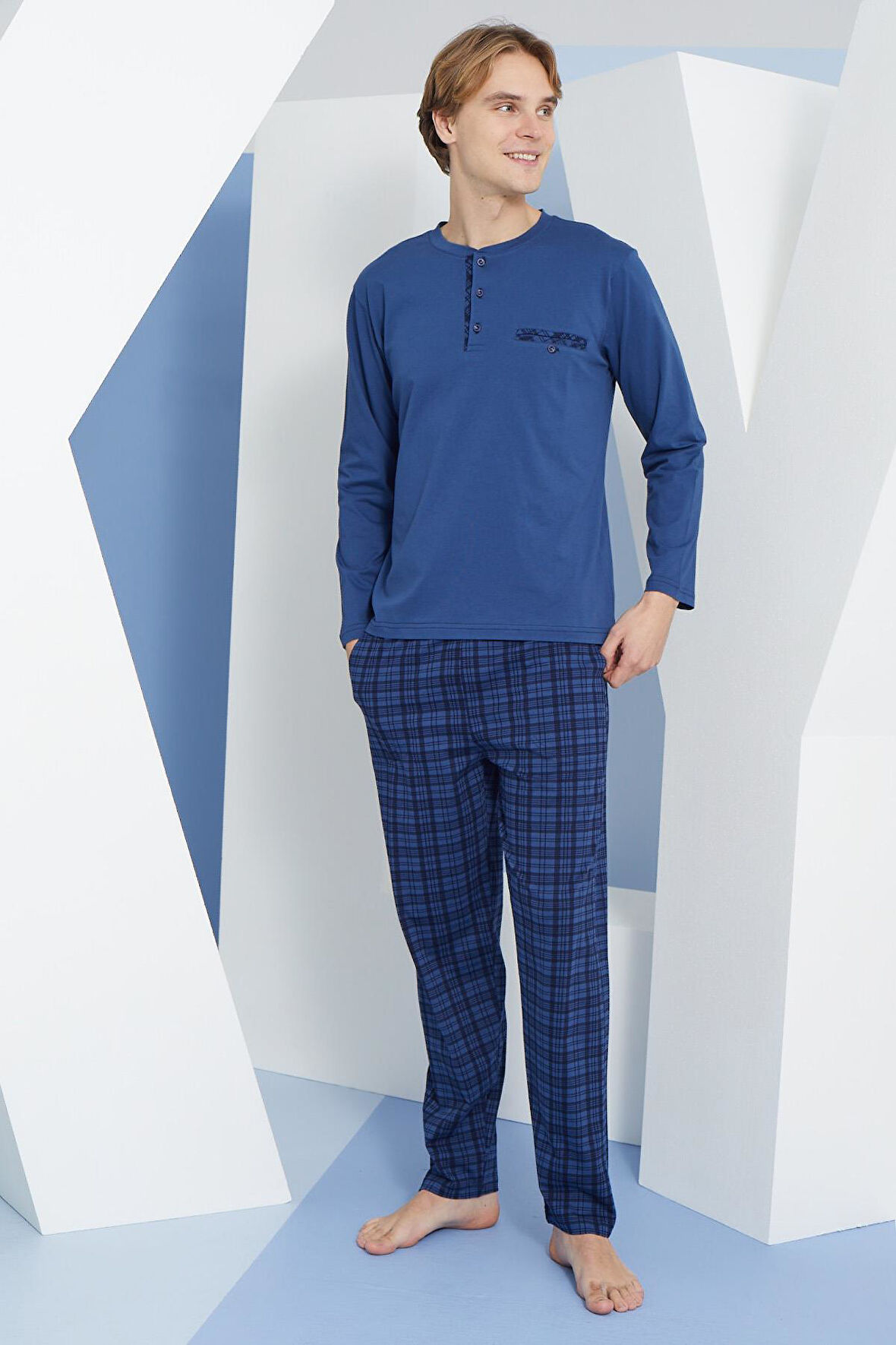 Erkek Uzun Kol Midi Yaka İndigo Pijama Takımı C9T2N2O3