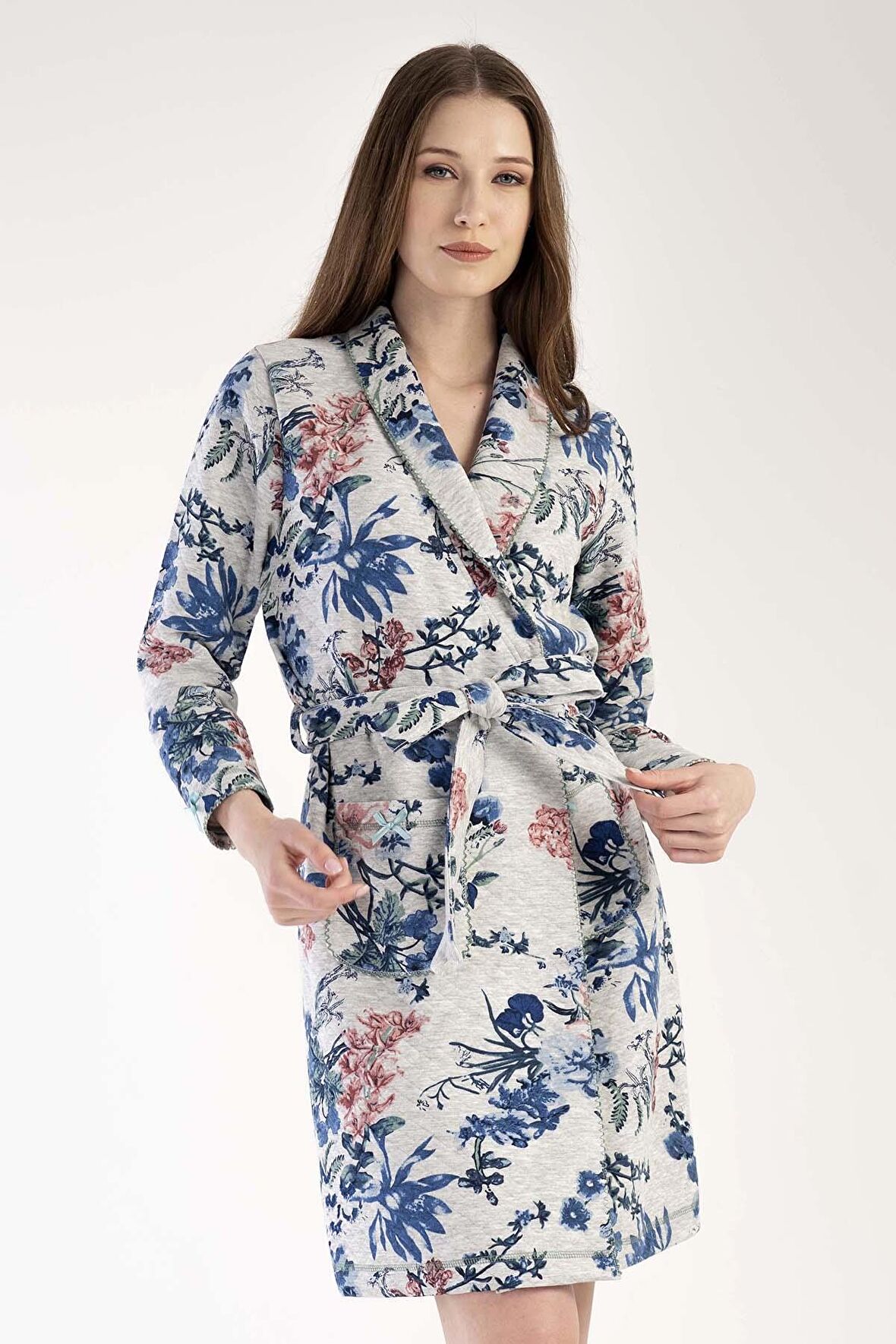 Kadın Uzun Kol Kapitone Gri Melanj Sabahlık C2T0N1303