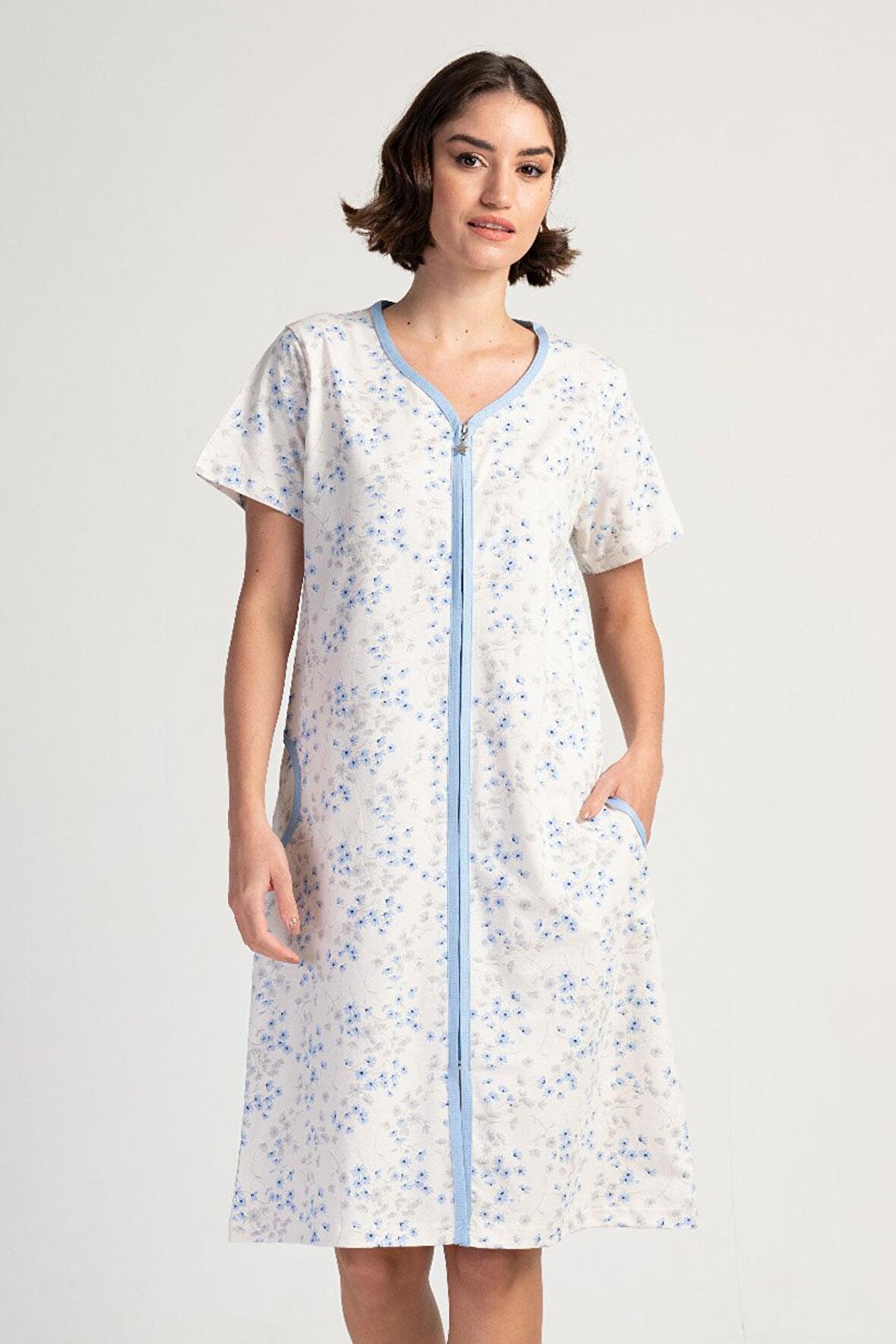 Kadın Kısa Kol Ekru Fermuarlı Ev Elbisesi C2T8N3113