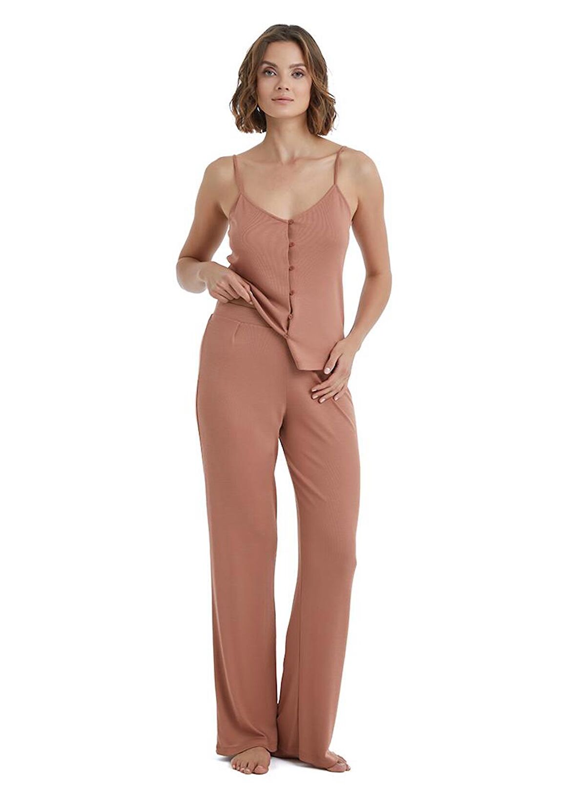 Kadın İnce Askılı Kahverengi Pijama Takımı C0T4N3O15-