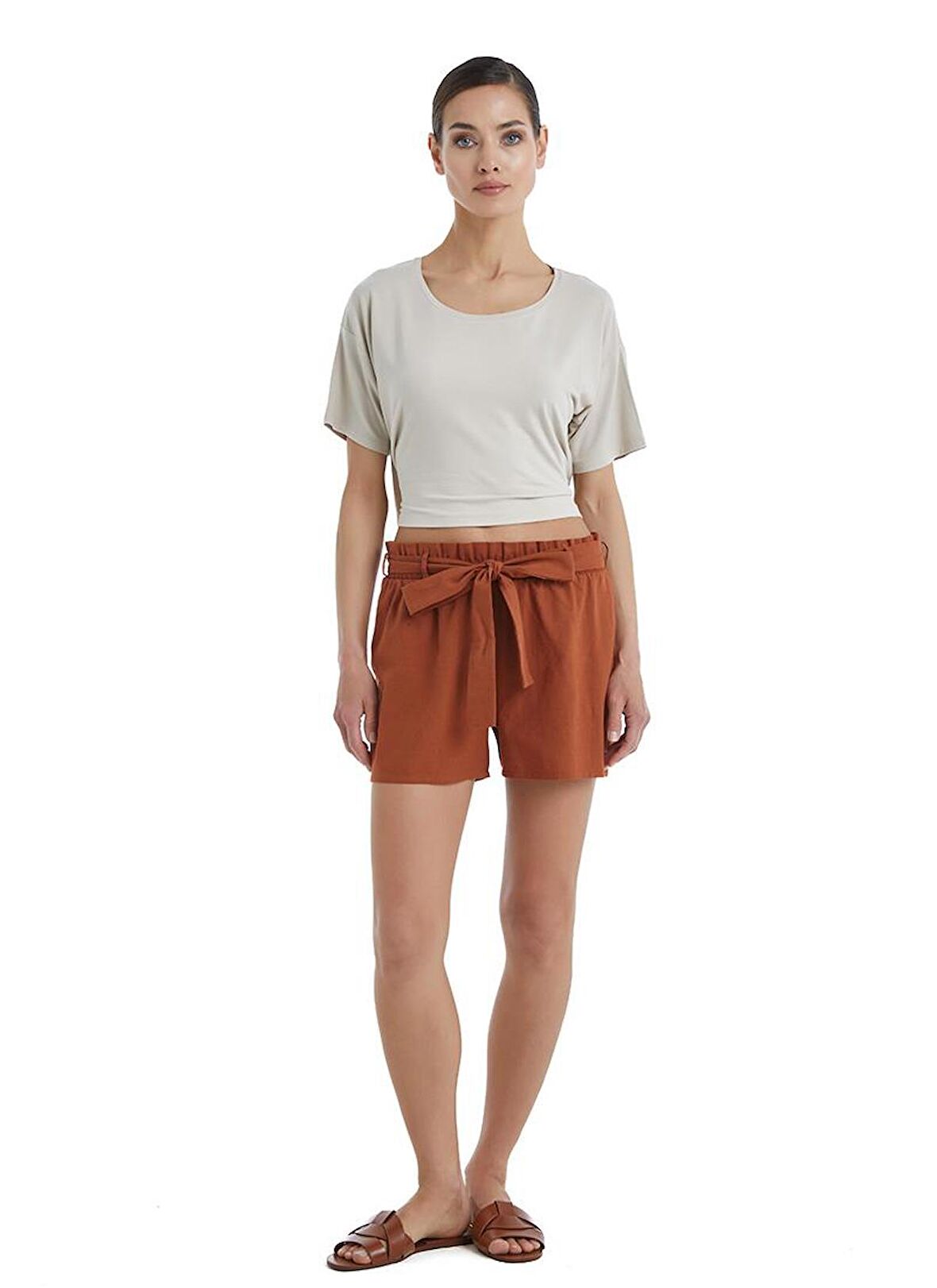 Kadın Kısa Kol Şortlu Tarçın Pijama Takımı C7T9N3O06-