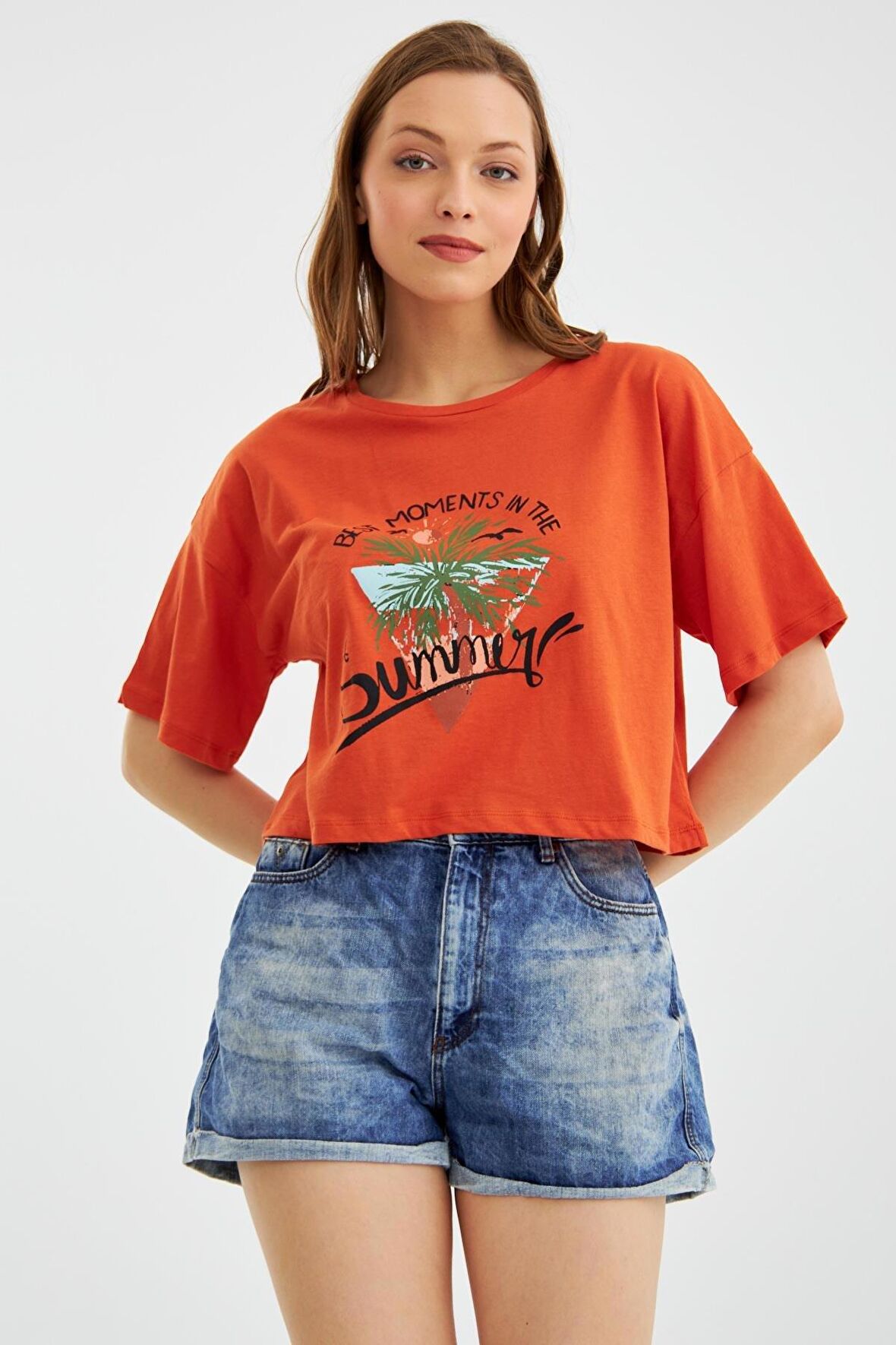 Kadın Thai Palmiye Kiremit Crop T-Shirt C2T0N023