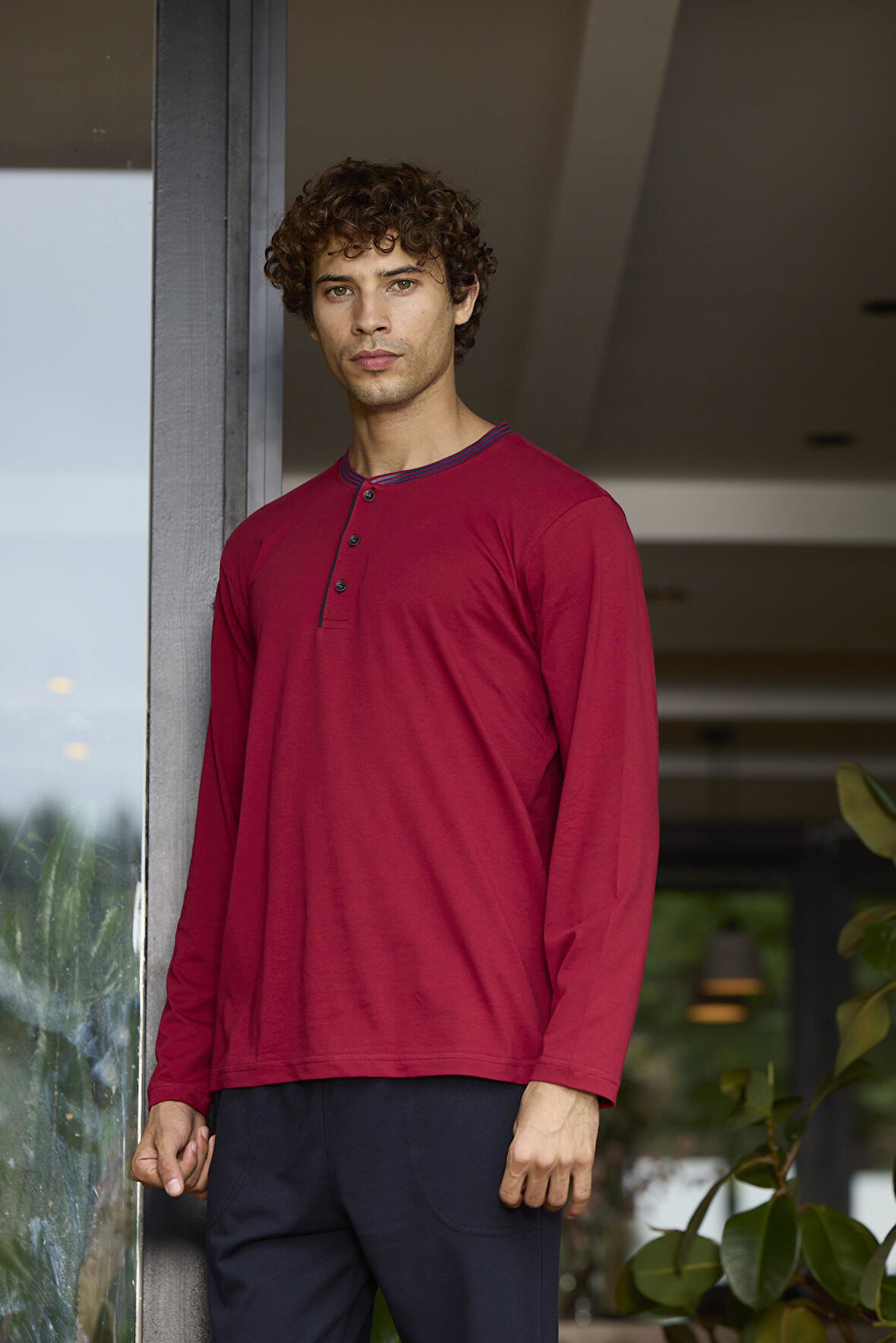 Erkek Uzun Kol Midi Yaka Bordo Pijama Takımı C5T2N0O6