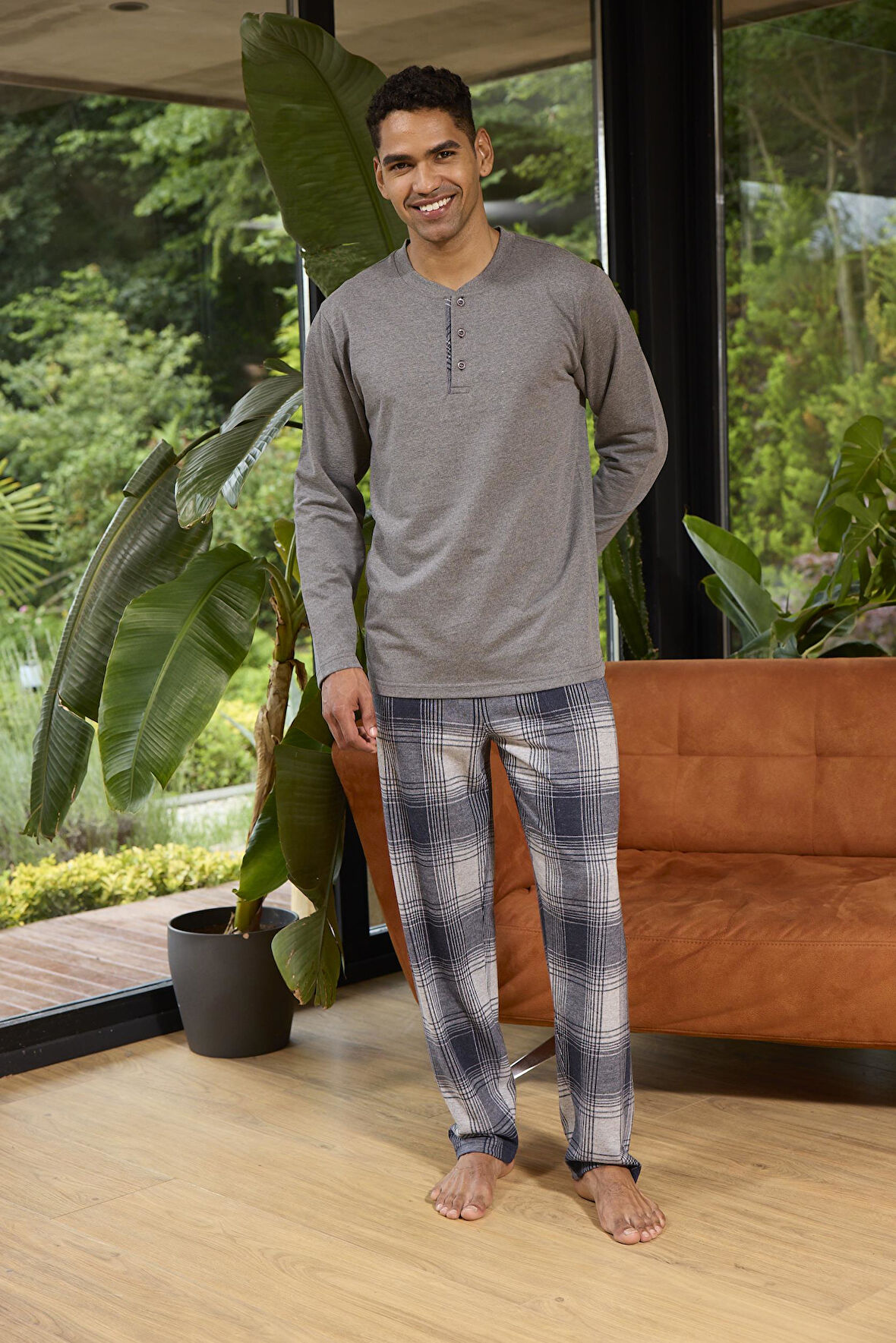 Erkek Uzun Kol Midi Yaka Antrasit Pijama Takımı C6T5N0O8