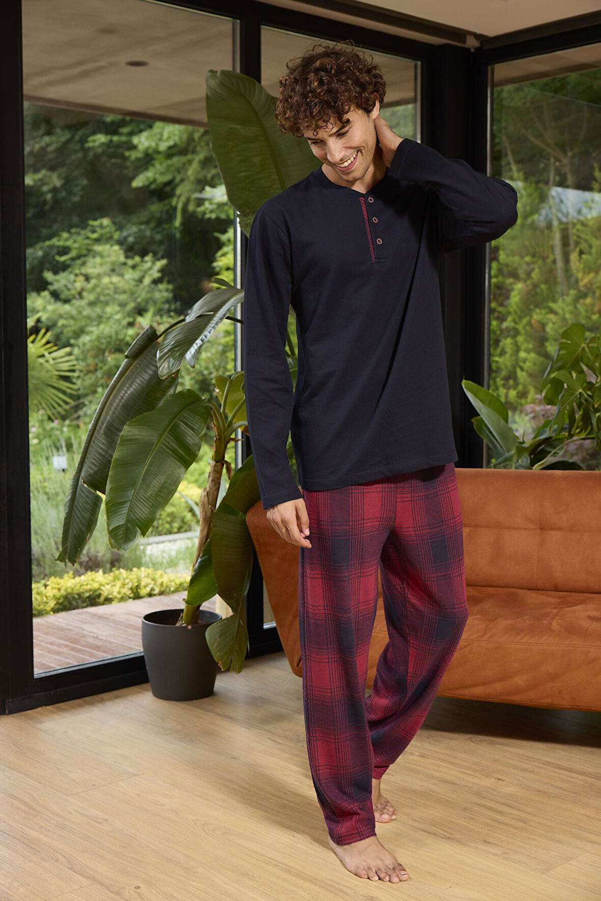 Erkek Uzun Kol Midi Yaka Lacivert Pijama Takımı C6T5N0O8