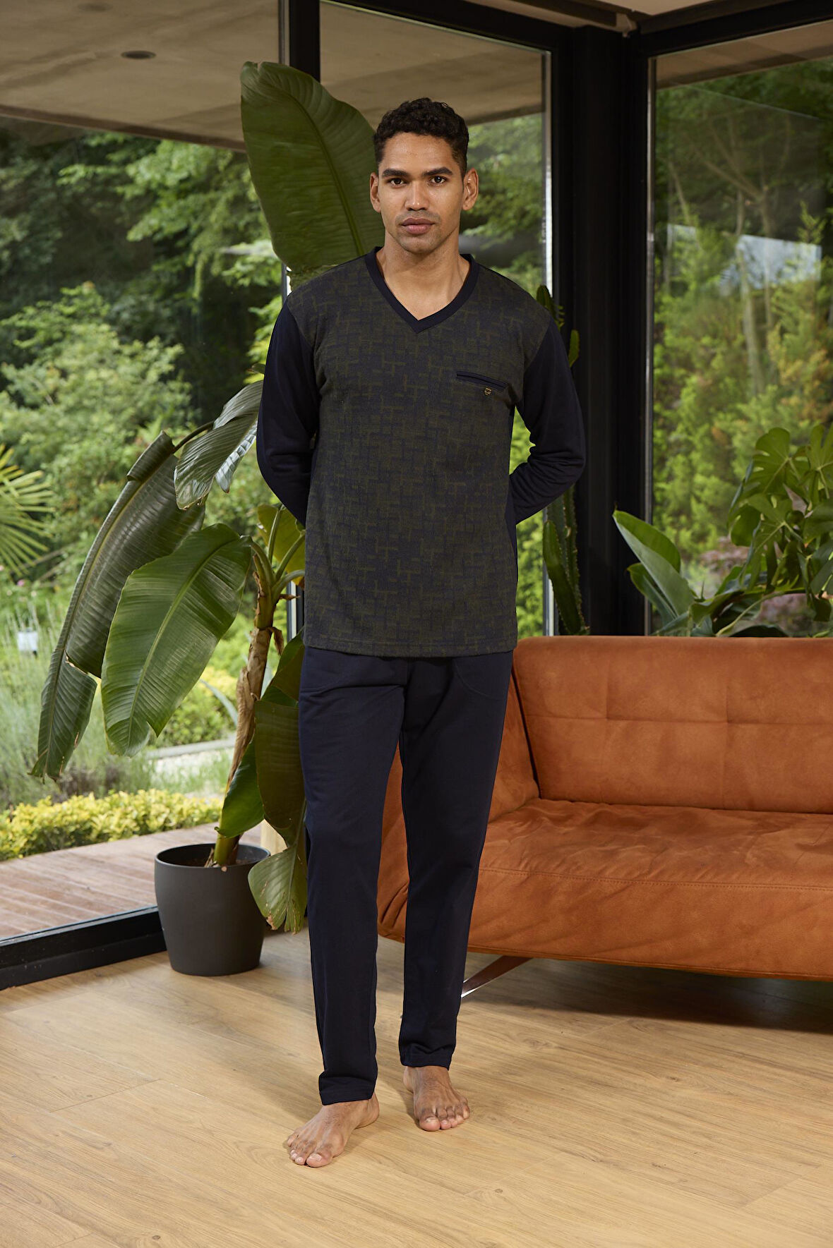 Erkek Uzun Kol V Yaka Yeşil  Pijama Takımı C7T5N0O8