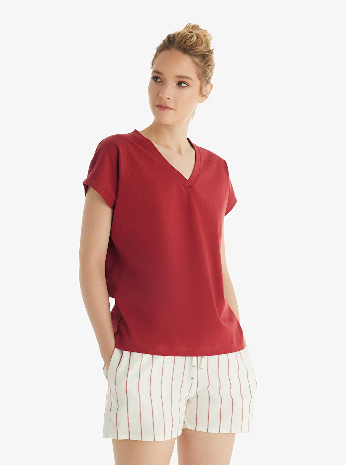 Kadın Kısa Kol Şortlu Bordo Pijama Takımı 60553-59