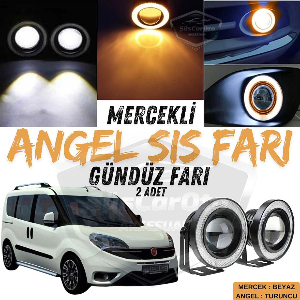 Fiat Doblo D4 2015-2021 Uyumlu Üniversal Mercekli Angel Sis Farı Metal Su Geçirmez 76 mm Turuncu Halkalı Gündüz Farı Angel Eyes 2 Adet