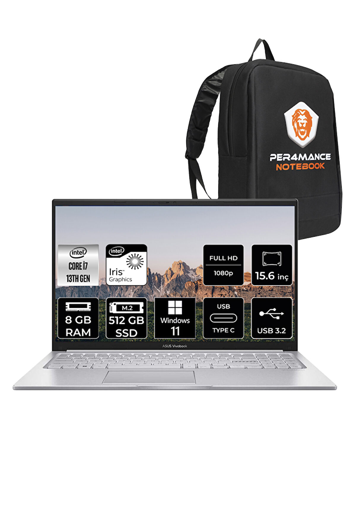 ASUS Vivobook 15 X1504VA i7 1355U 8GB RAM 512GB SSD 15.6'' FHD W11PRO NJ195 & PER4 ÇANTA