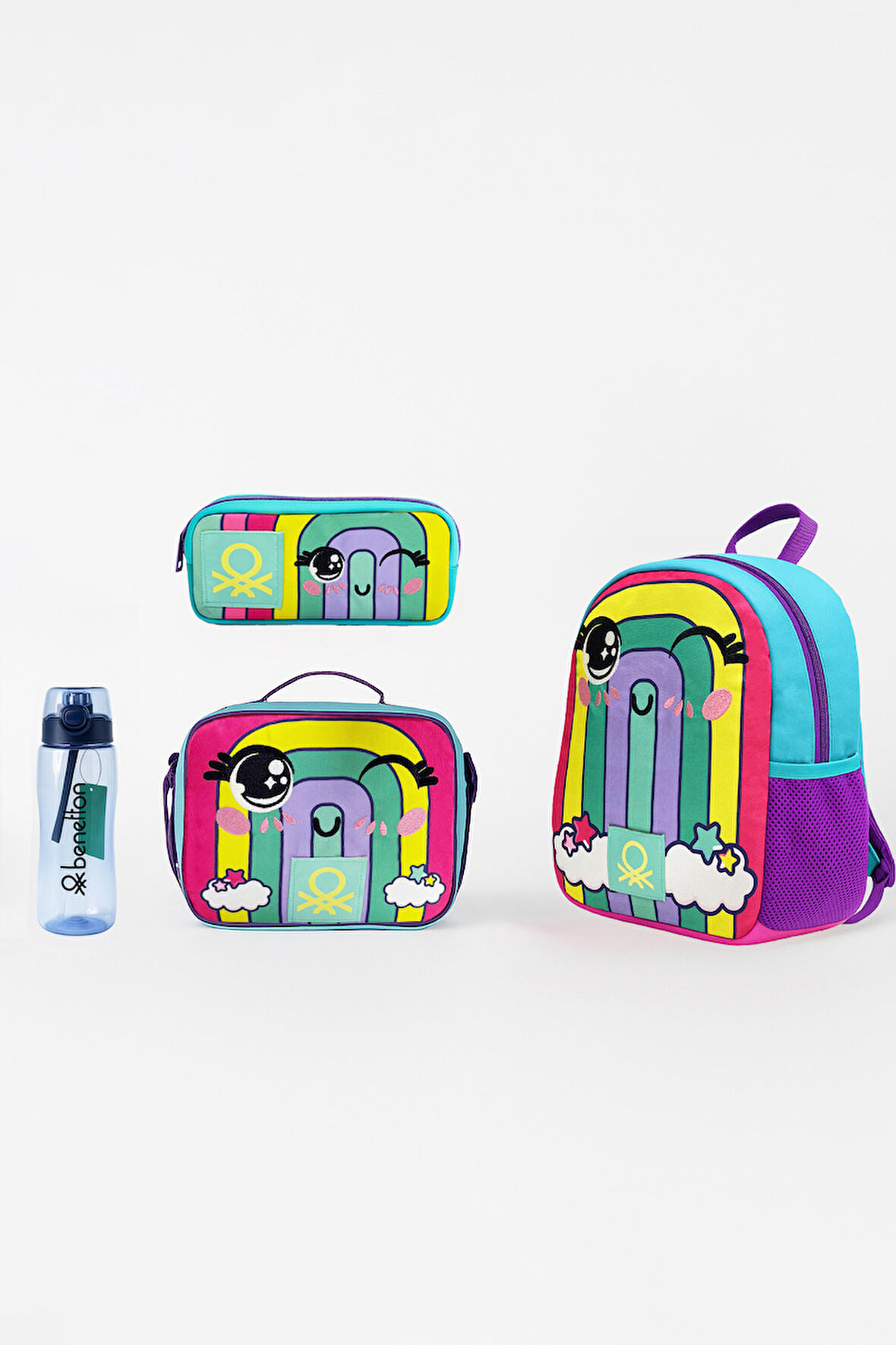 United Colors of Benetton Gökkuşağı Anaokulu Çanta Seti( Çanta+ Beslenme+ Kalemlik+ Mavi Matara )