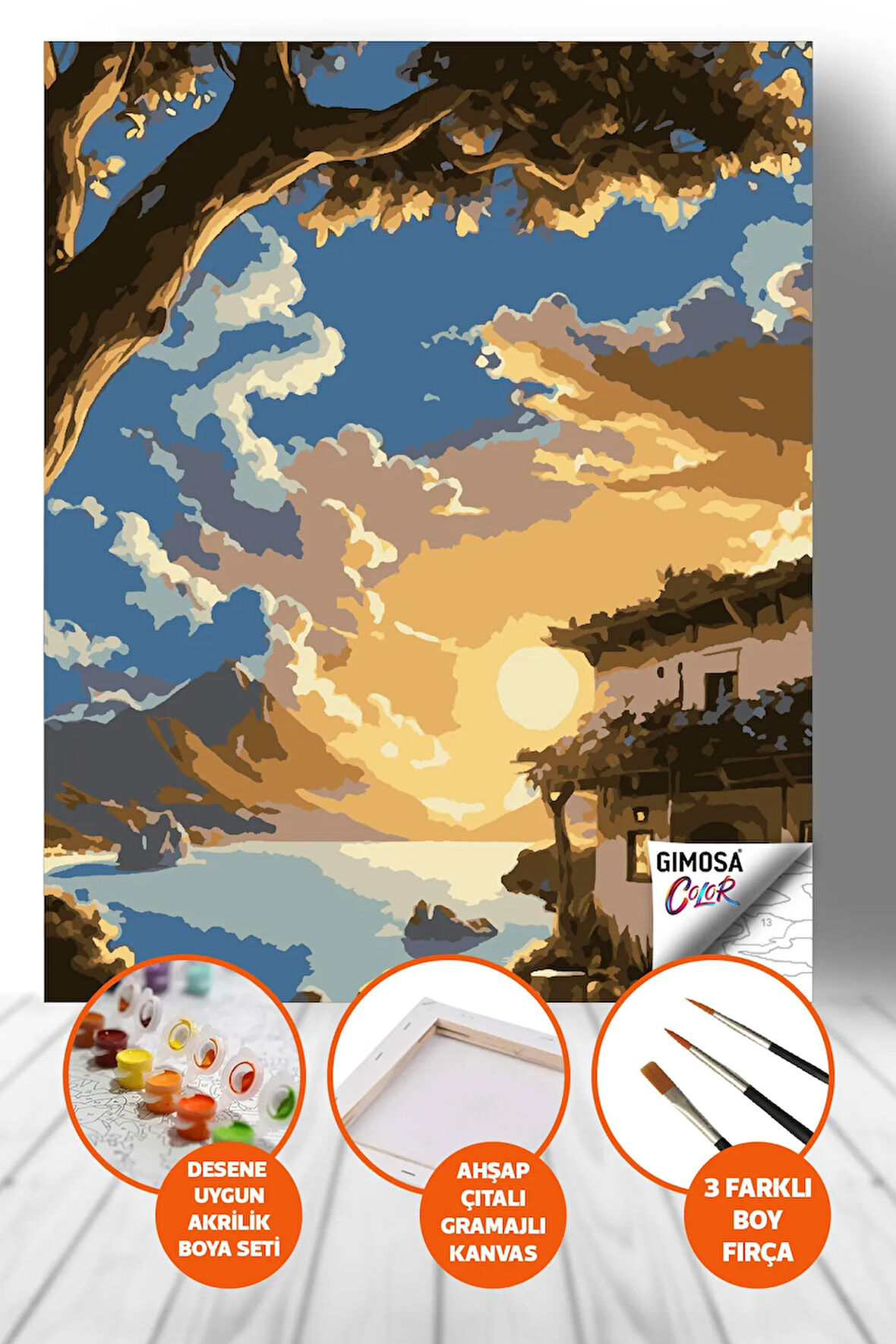 Color Gün Batımı Manzaralı Ev Sayılarla Boyama Seti - Yetişkin Boyama, 40x50, Kendin Yap Hobi Seti
