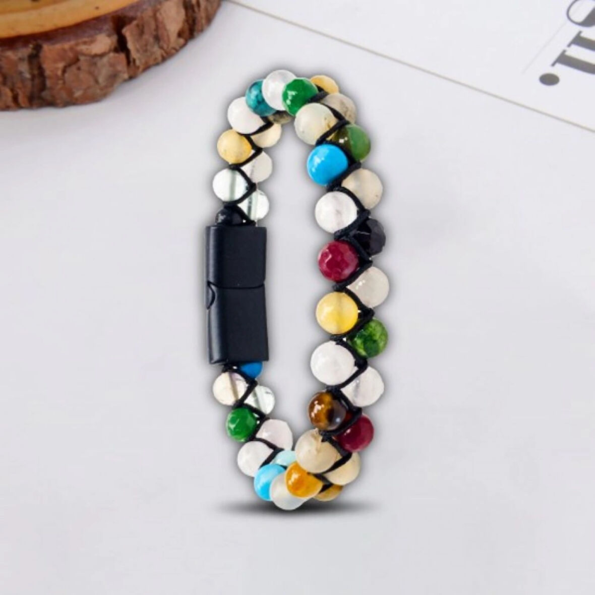 %100 Deri Çoklu Saç Örme Ve Doğal Lapis Taş Bileklik Mıknatıs Kapama 