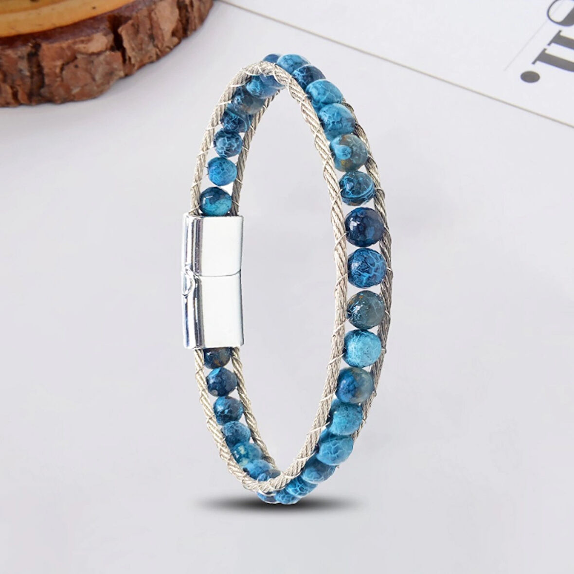 %100 Doğal 6 MM Mavi Damarlı Mat Akik Taşlı Çelik ipli Bileklik Mıknatıs Kapama 