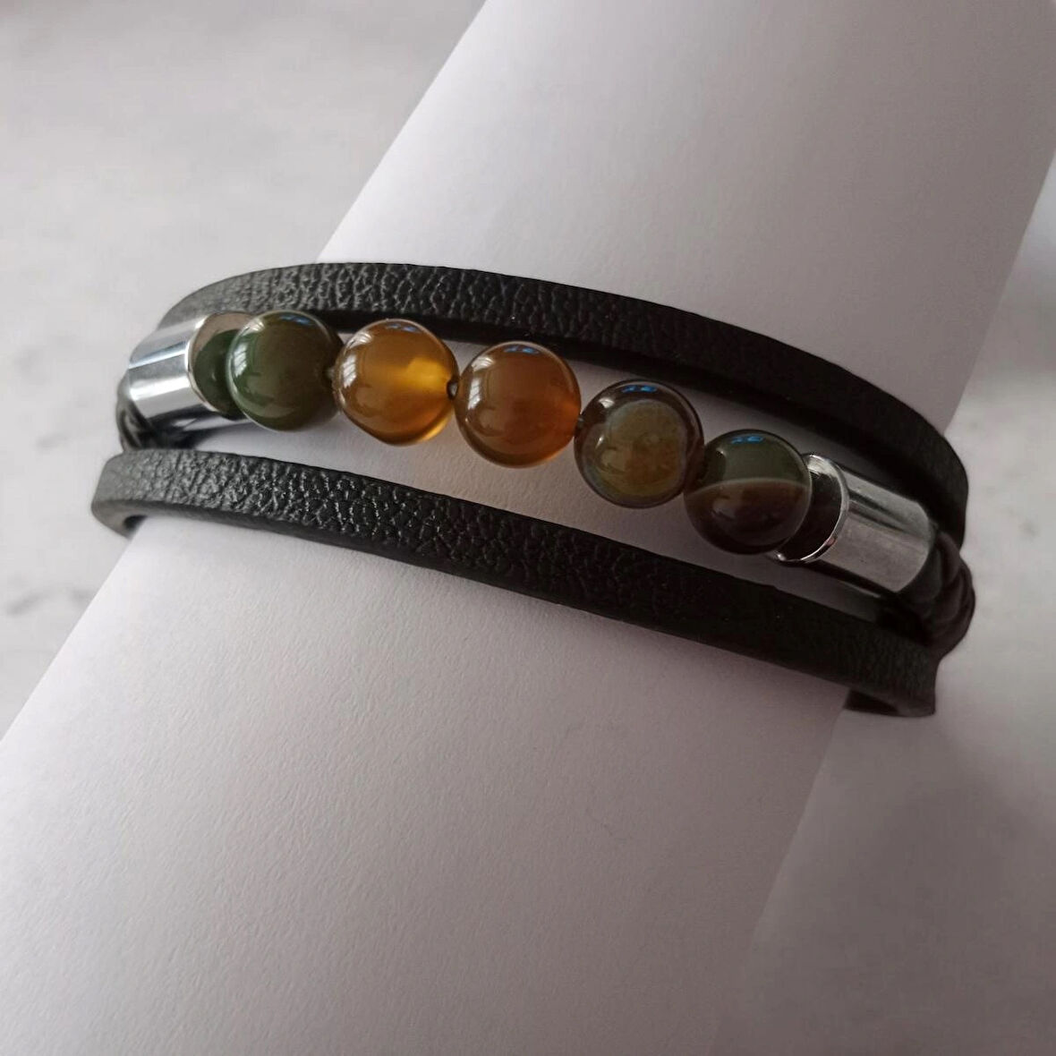 %100 Deri Çoklu Saç Örme Kahve Bileklik Mıknatıs Kapama 