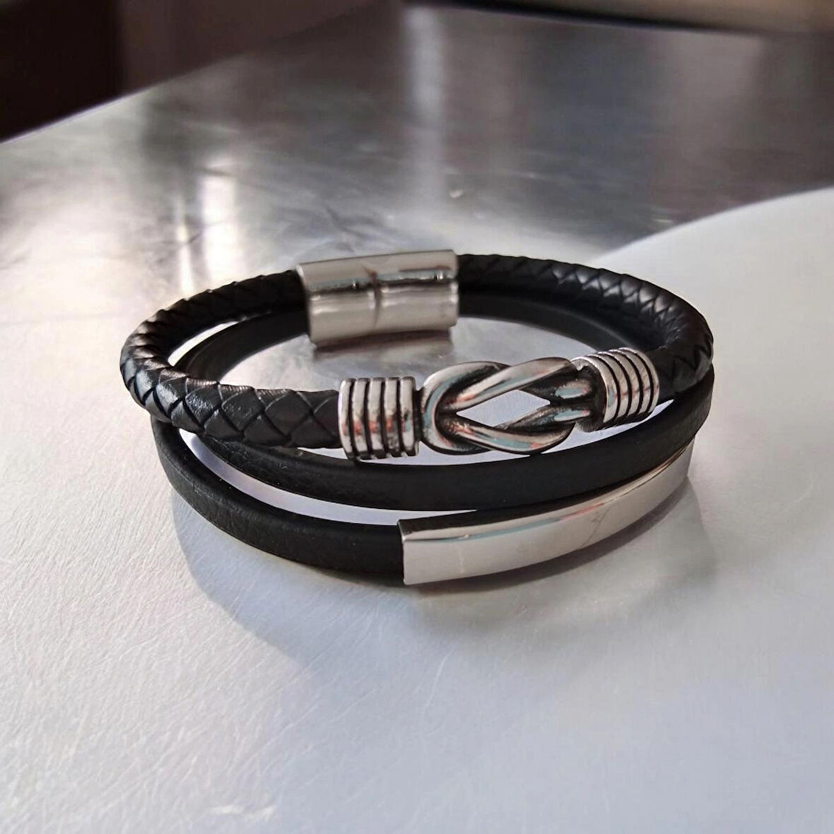 %100 Deri Çoklu Renkli Akik Taşı Bileklik Krom Mıknatıs Kapama 20 Cm