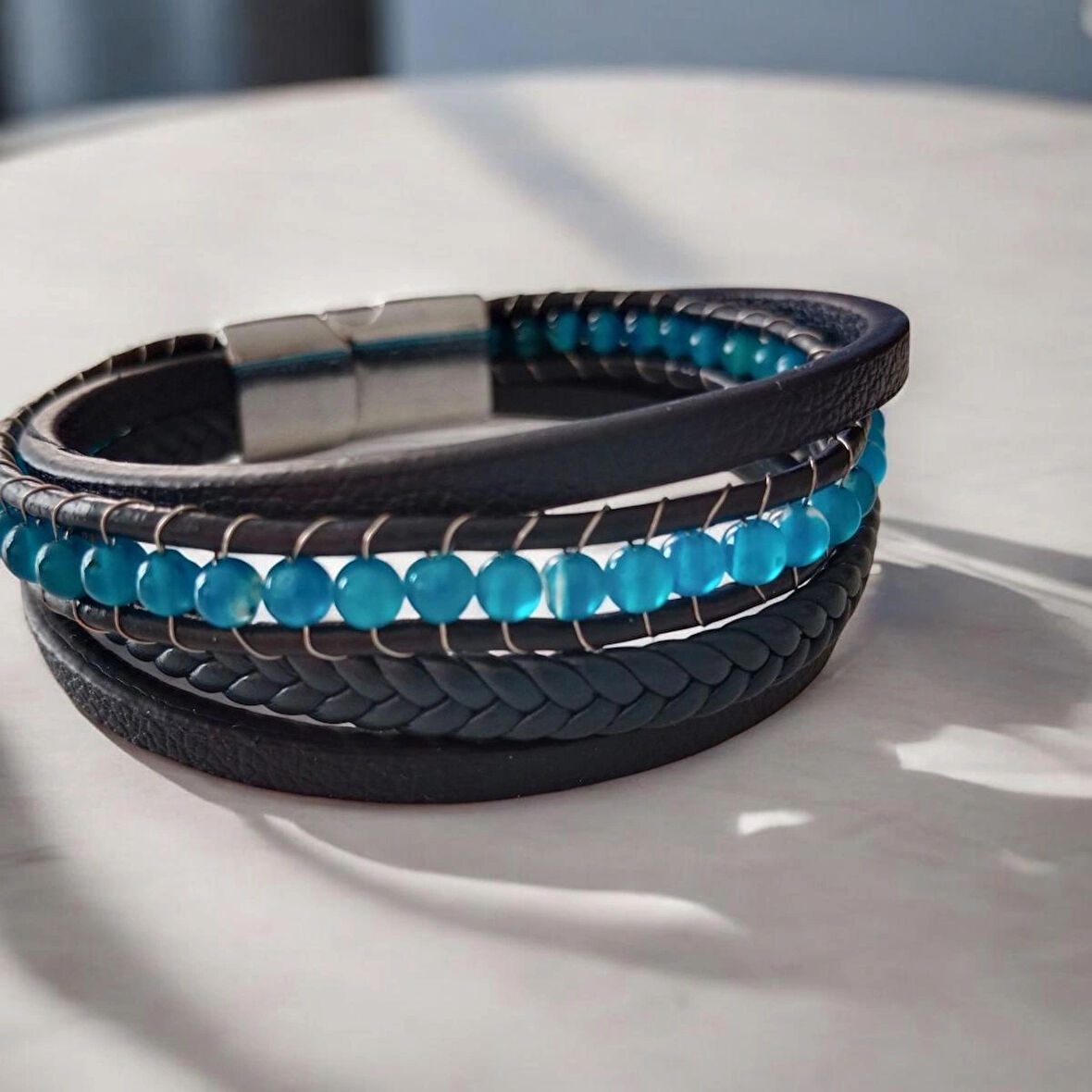 %100 Doğal Hematit Ve Zirkon Taşlı 5'gen Bileklik Zincir Kapama 18 Cm