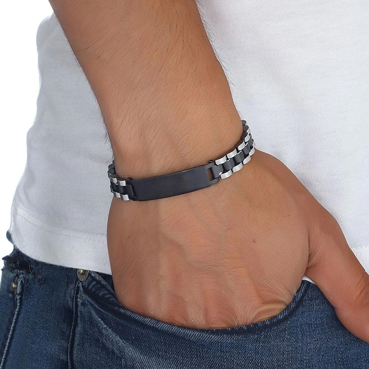 %100 Doğal Mavi Damarlı Mat Akik Taşlı Çelik İpli Bileklik Mıknatıs Kapama 19 Cm