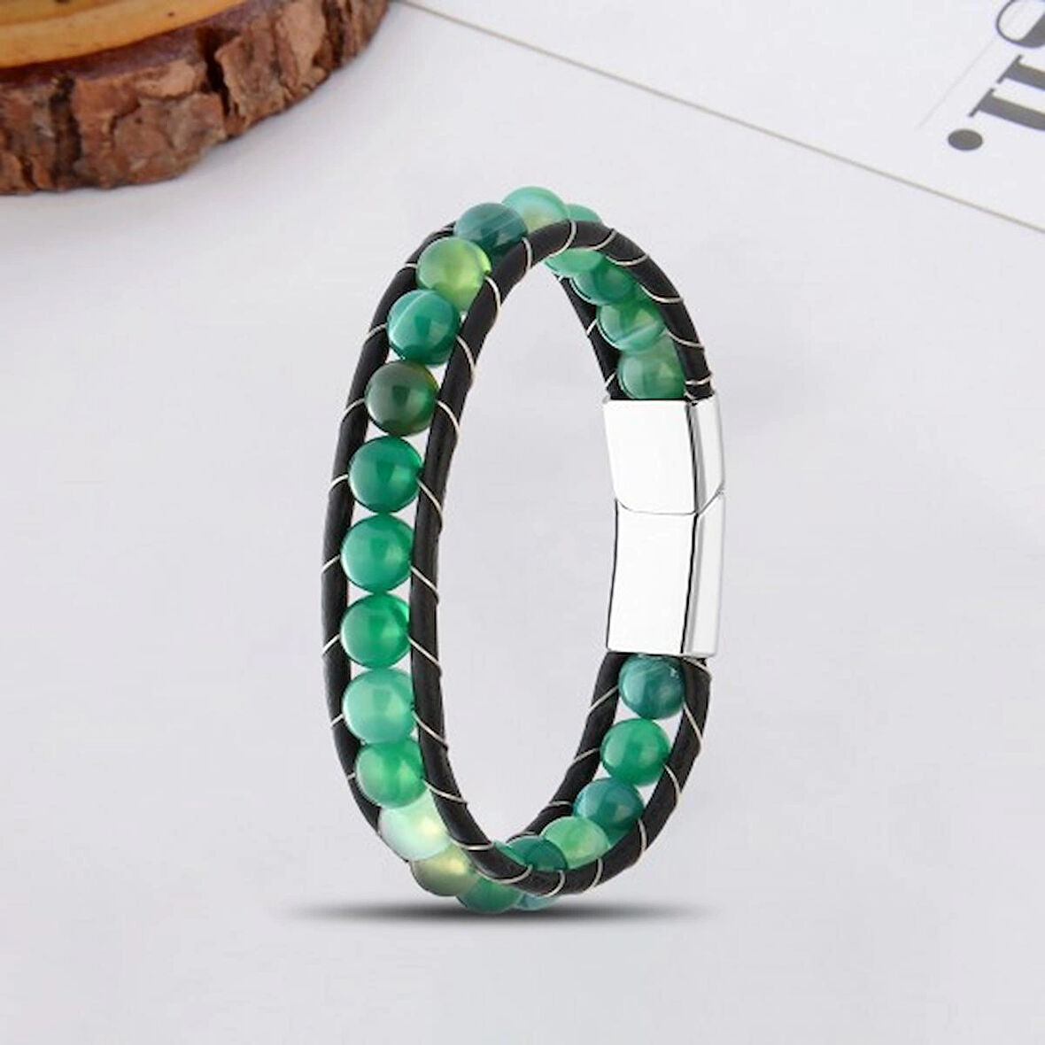 %100 Doğal Çift Sıra Oniks Taşlı Yeşil İp Mıknatıs Kapama Bileklik