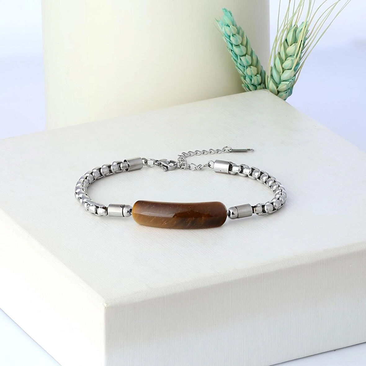 %100 Doğal Turkuaz Firuze Taşı Çelik Bileklik Krom Kapama