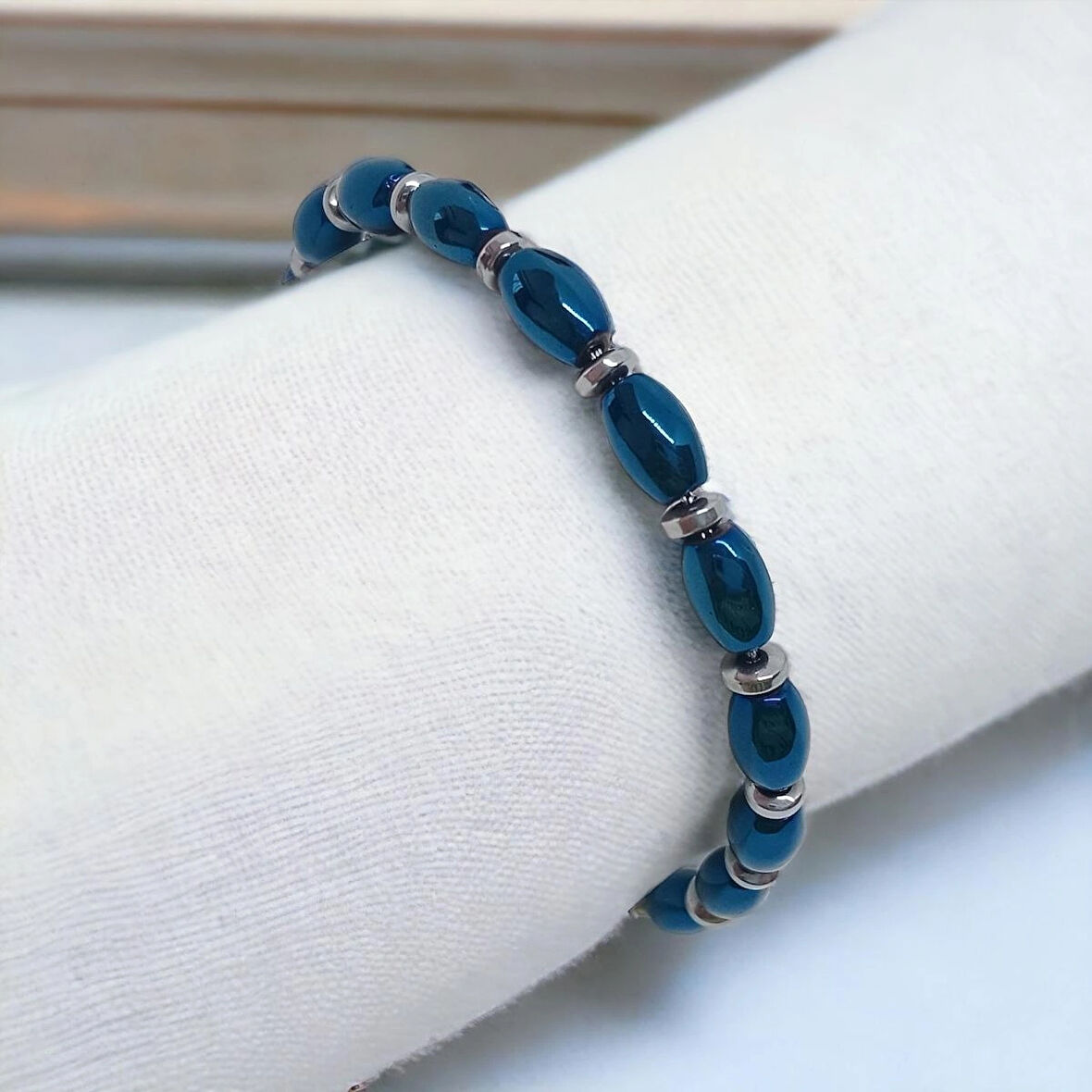 %100 Doğal Hematit Taşı Tüp Kesim Bileklik Güümüş