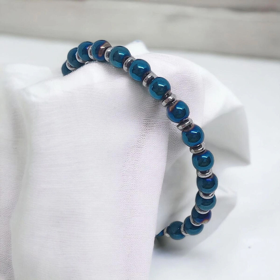 %100 Doğal Hematit Taşı Tüp Kesim Bileklik Mavi̇ 