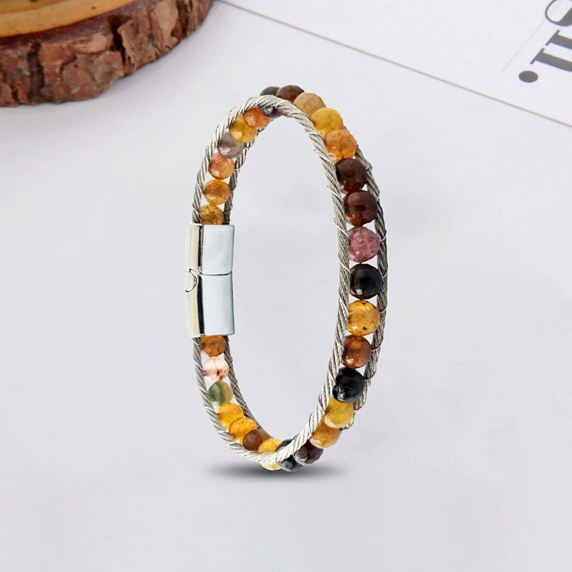 %100 Deri̇ Çoklu Doğal Çakra Taşı Bileklik Lacivert Krom Mıknatıs Kapama