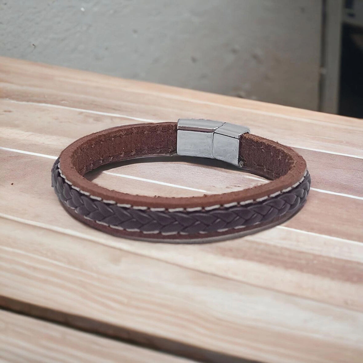 %100 Deri Saç Örme Açık Kahve - Koyu Kahve Bileklik Mıknatıs Kapama 20 Cm