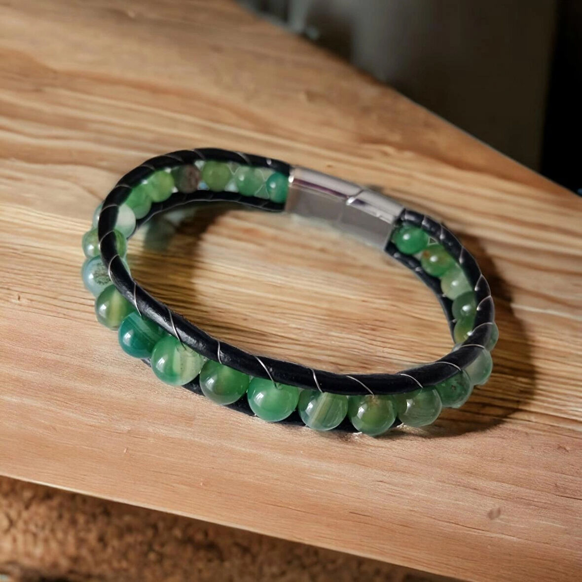 %100 Deri̇ Çoklu Saç Örme Mavi - Siyah Bi̇lekli̇k Krom Kapama 21 CM