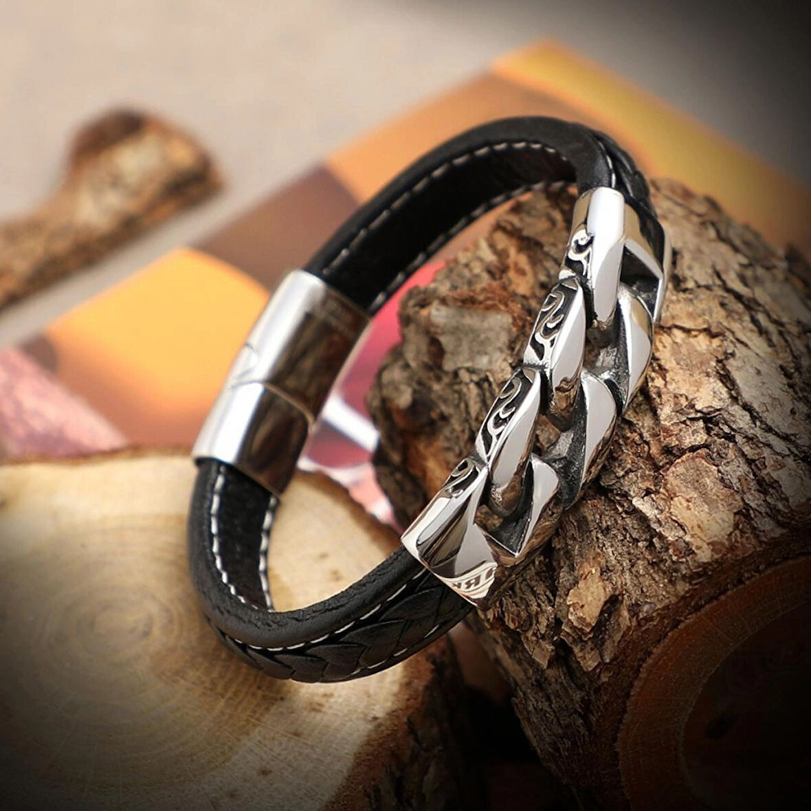 %100 Deri̇ Çoklu Saç Örme Doğal Kahve Akik Taşlı Bileklik Mıknatıs Kapama 