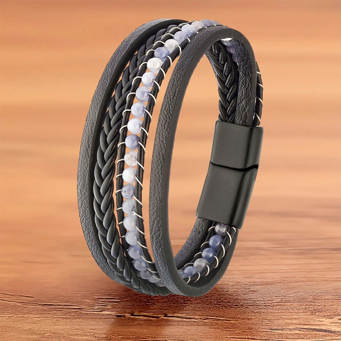 %100 Deri Zincir Model Çelik Aparatlı Bileklik Krom Mıknatıs Kapama 21 CM 