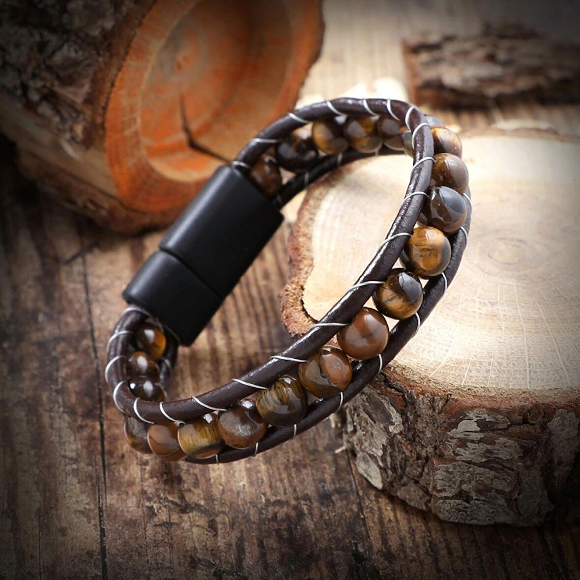 %100 Deri̇ Çoklu Doğal Li̇la Aki̇k Taş Si̇yah Bi̇lekli̇k Mıknatıs Kapama 