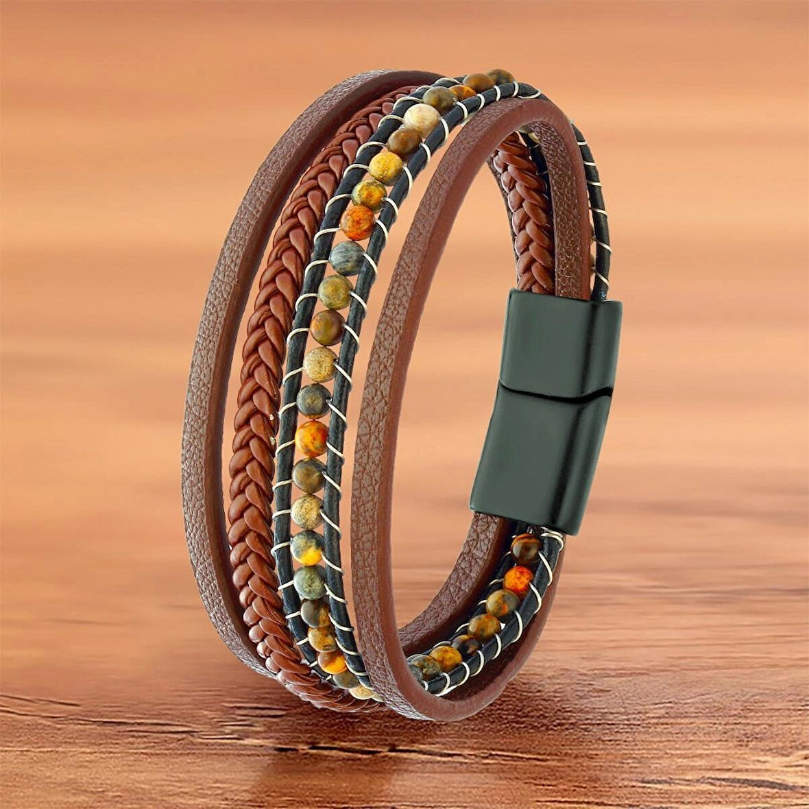 %100 Deri̇ 8 Mm Kaplangöz Taş Çeli̇k İpli̇ Bi̇lekli̇k Mıknatıs Kapama 