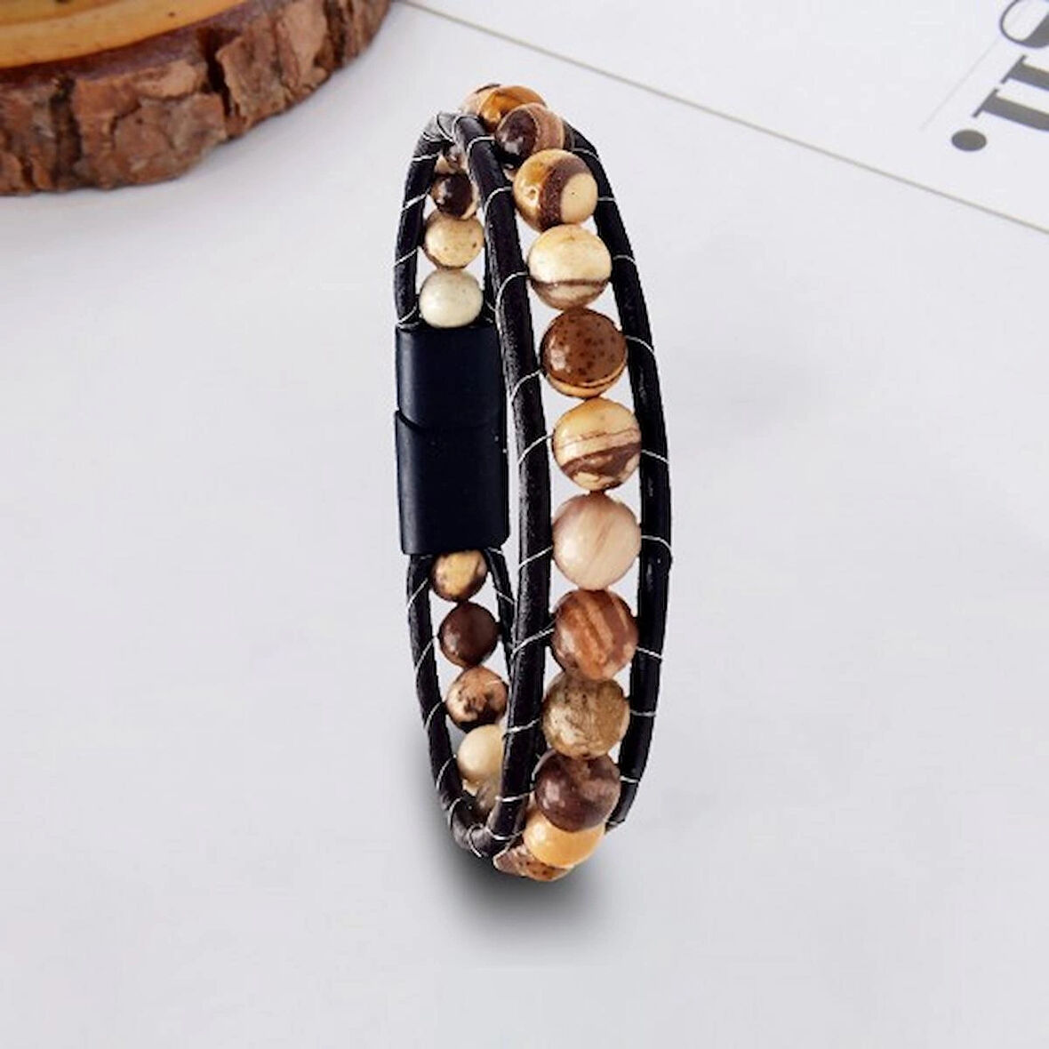 %100 Deri̇ Çoklu Ve Doğal Kaplangöz Taşı Kahverengi Bi̇lekli̇k Mıknatis Kapama