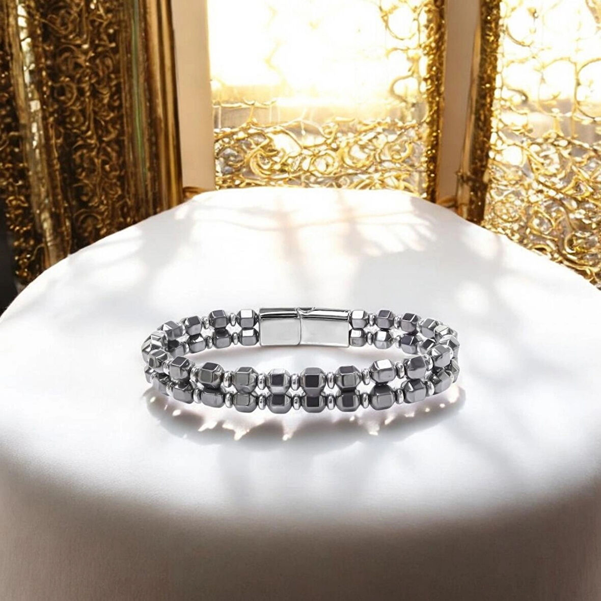 %100 Doğal Mavi Hematit Taşlı Çift Sıra Çelik Boncuklu Krom Mıknatıs Kapama 