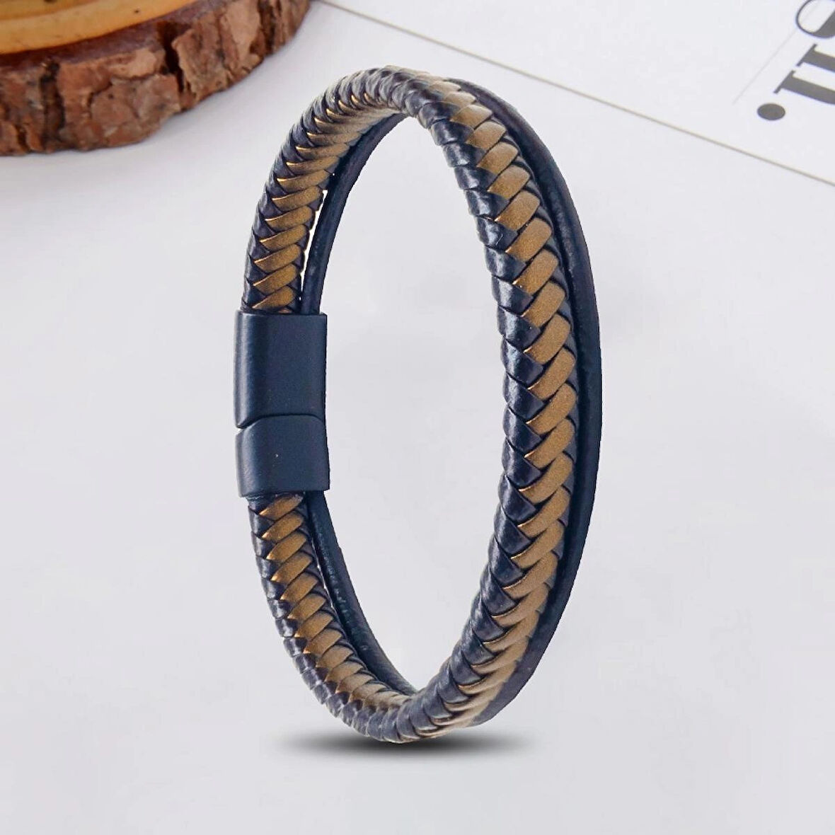 %100 Deri̇ Çoklu Saç Örme Çelik Aparatlı Mavi Bi̇lekli̇k Krom Mıknatıs Kapama 21 Cm 