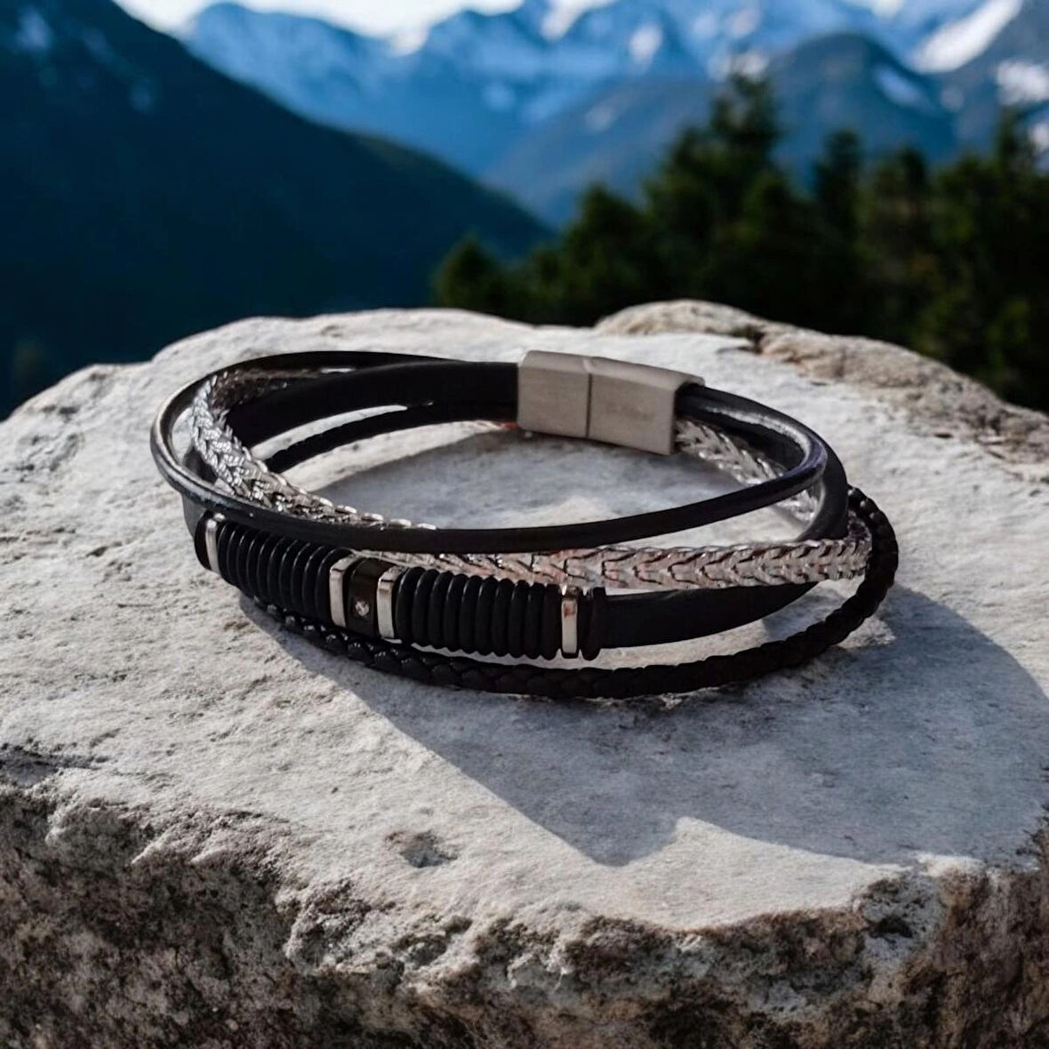 %100 Deri Çoklu Saç Örme Siyah Bileklik Mıknatıs Kapama