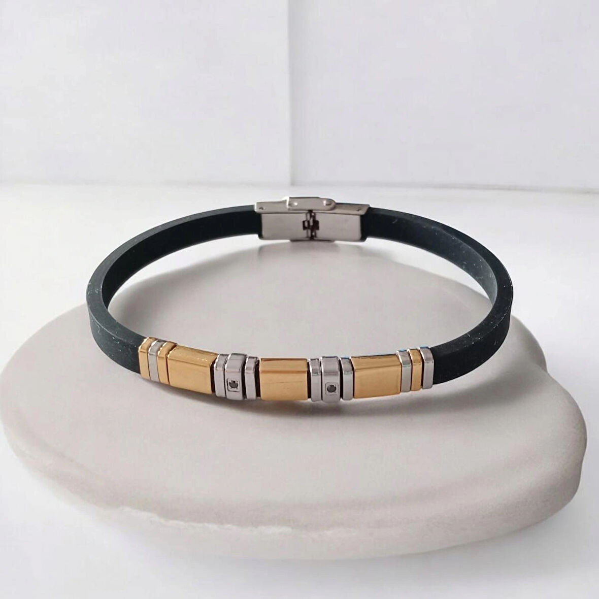 %100 Deri Saç Örme Kayış Gold '' Çapa '' Figürlü Siyah Bileklik