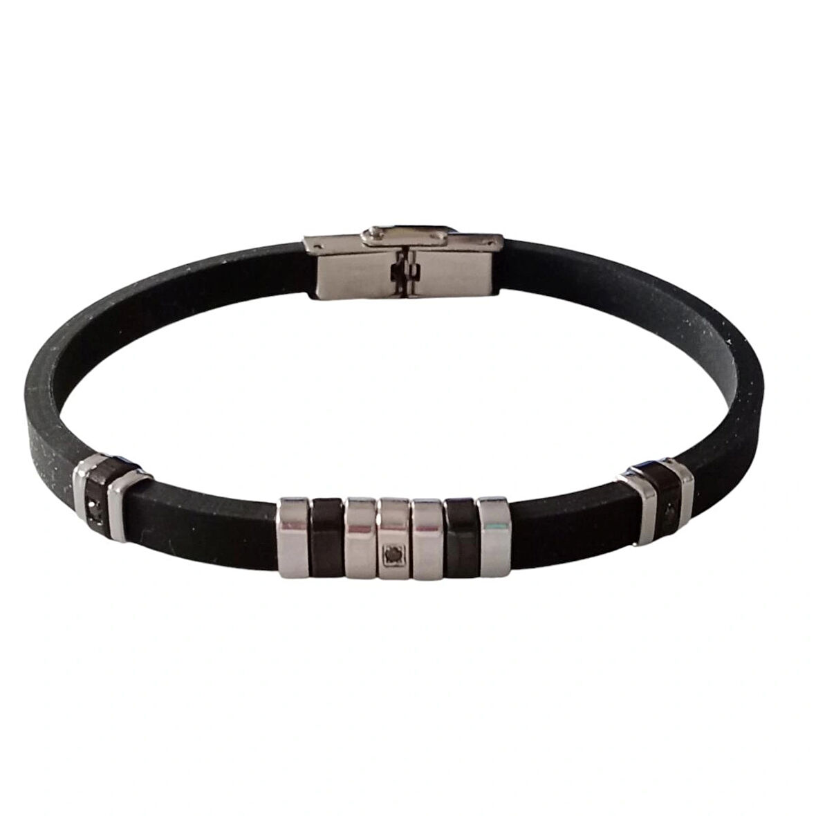 %100 Deri Kayış Çelik Aparatlı Siyah Bileklik