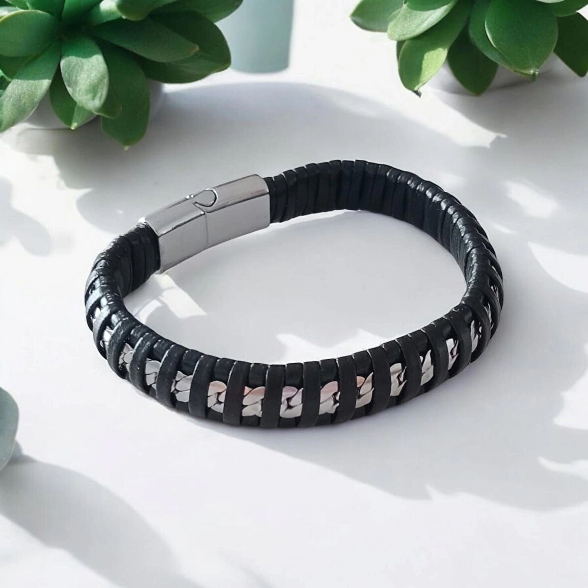 %100 Deri Saç Örme Kayış Çelik Aparatlı Bileklik