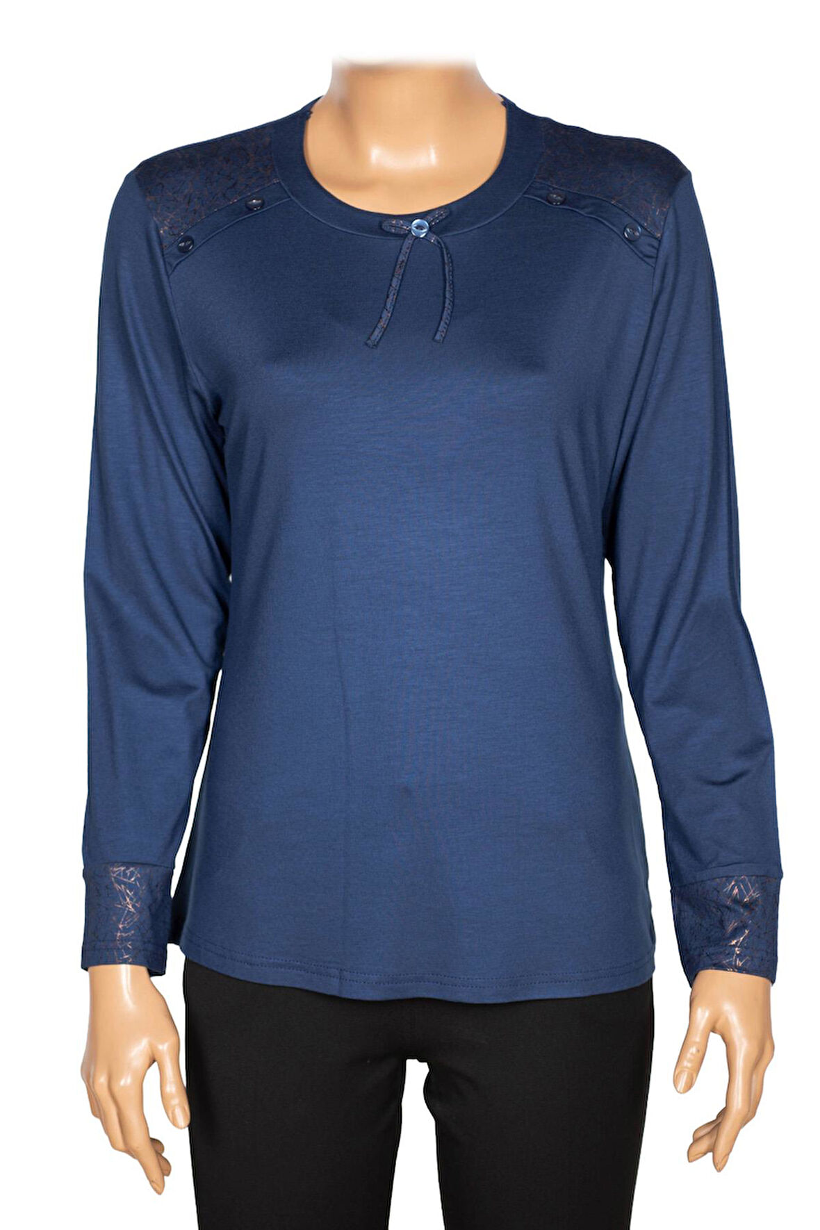 Simay Kadın Flora Ara Beden Kombinli Omzu Düğmeli İndigo Spor Bluz