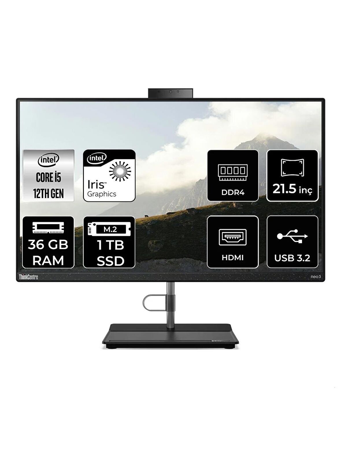 LENOVO THİNKCENTRE NEO 30A i5 1235U 36GB RAM 1TB SSD 21.5" FHD FDOS ALL IN ONE PC 12B3003RTX 