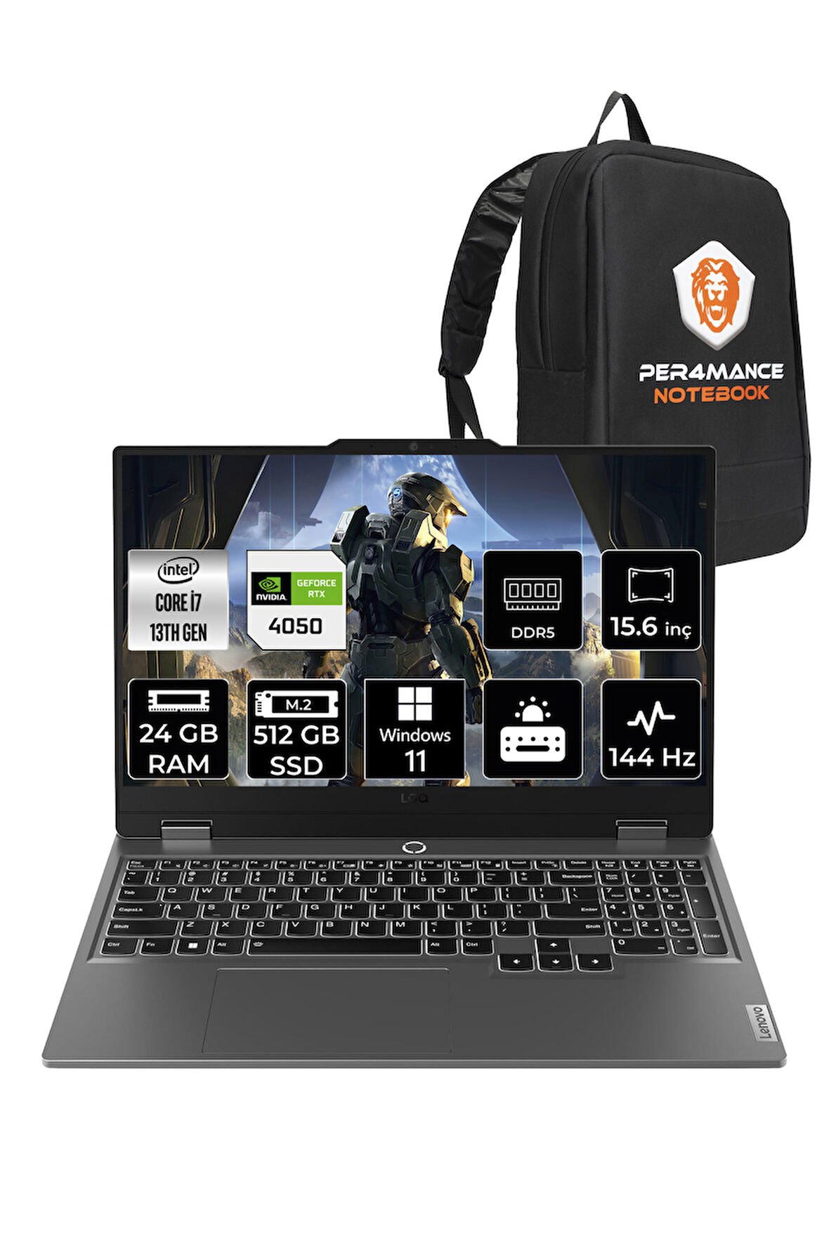Lenovo LOQ i7 13650HX 24GB 512GB SSD RTX4050/6GB 105W 15.6" FHD 144Hz W11H Gaming Laptop & PER4 Çanta