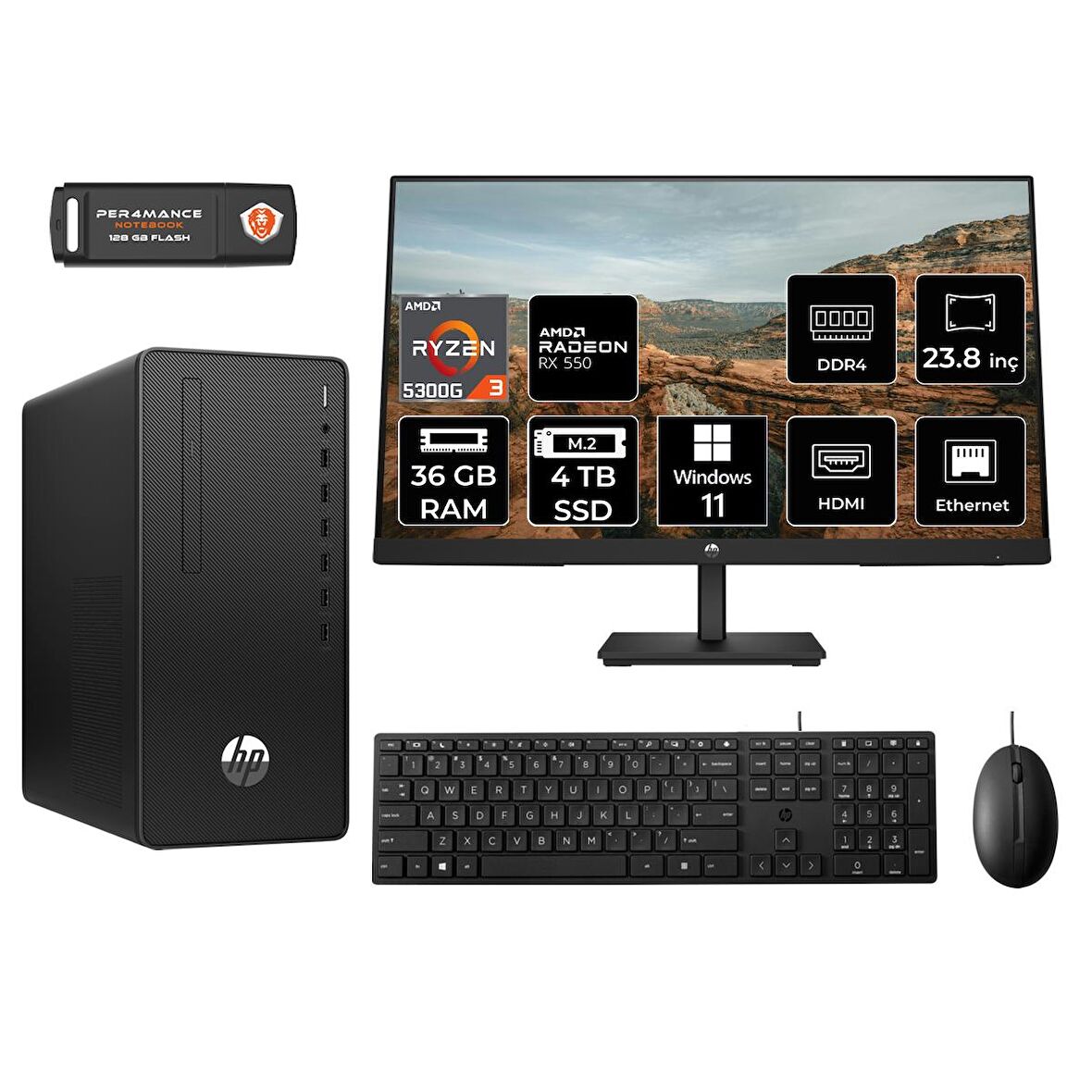 HP 295 G9 RYZEN 3 5300G 36GB RAM 4TB SSD RX550/4GB W11P 6D391EA MASAÜSTÜ PC & 23.8'' MONİTÖR