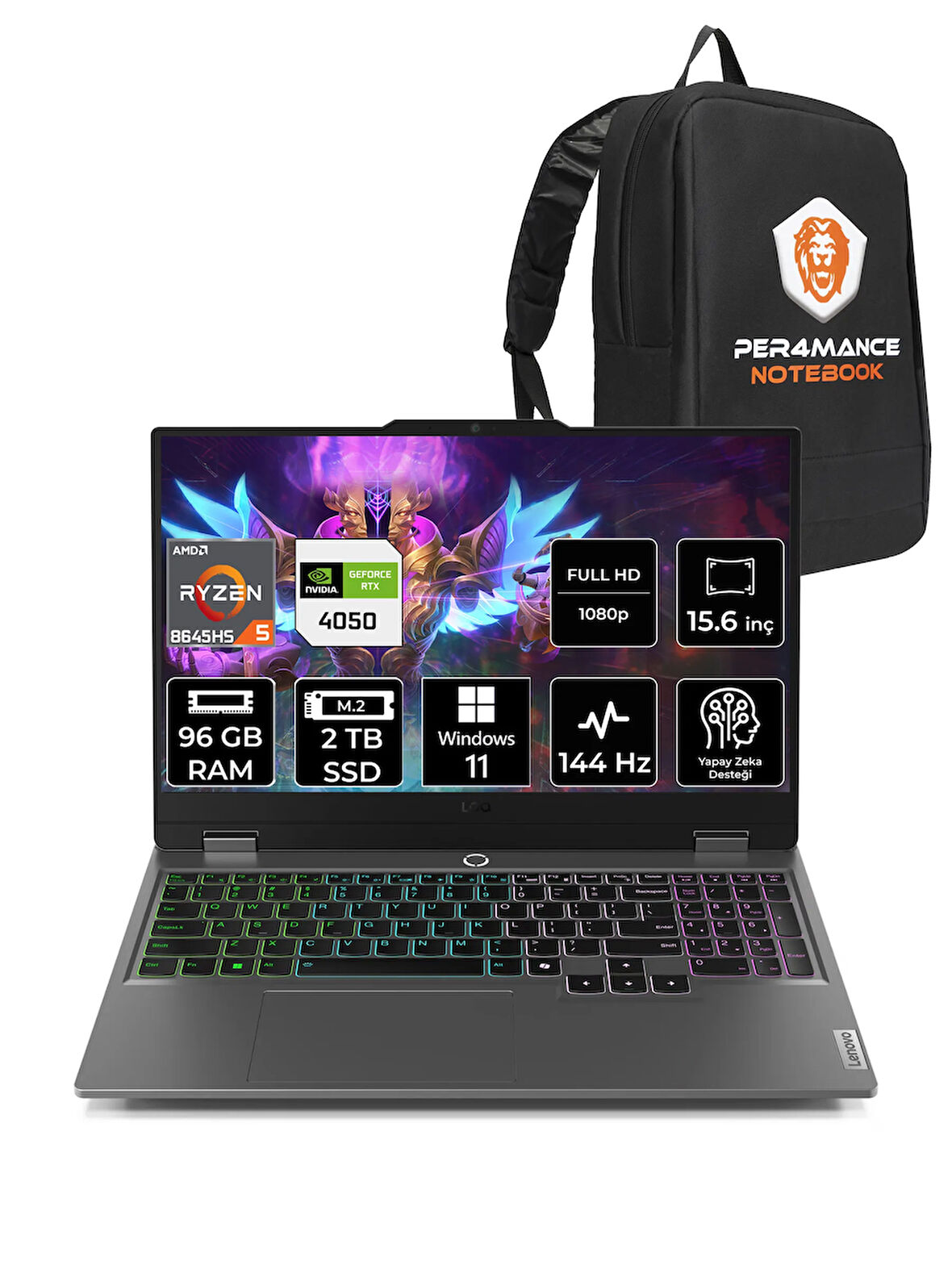 Lenovo LOQ AI R5 8645HS 96GB 2TB SSD RTX4050/6GB 105W FHD 15.6" W11P Gaming Laptop & PER4 ÇANTA