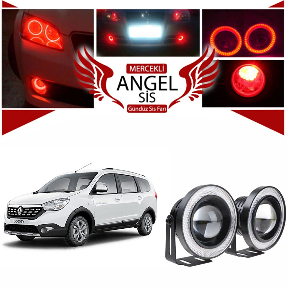 Dacia Lodgy Uyumlu, Universal Mercekli Led Angel Sis Farı, 76mm Kırmızı Renk